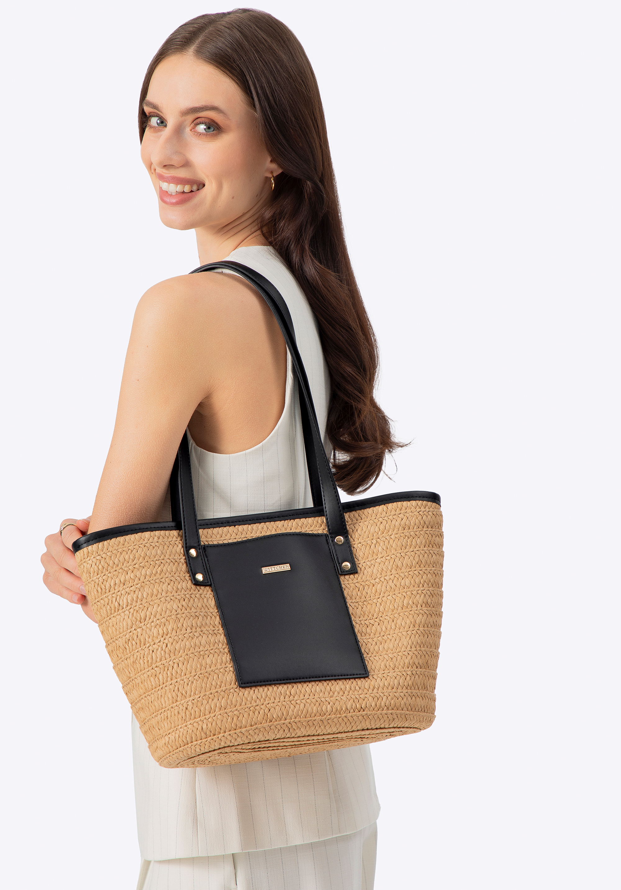 Dámská kabelka  z papírové slámy, béžovo-černá, 100-4Y-906-91, Obrázek 1