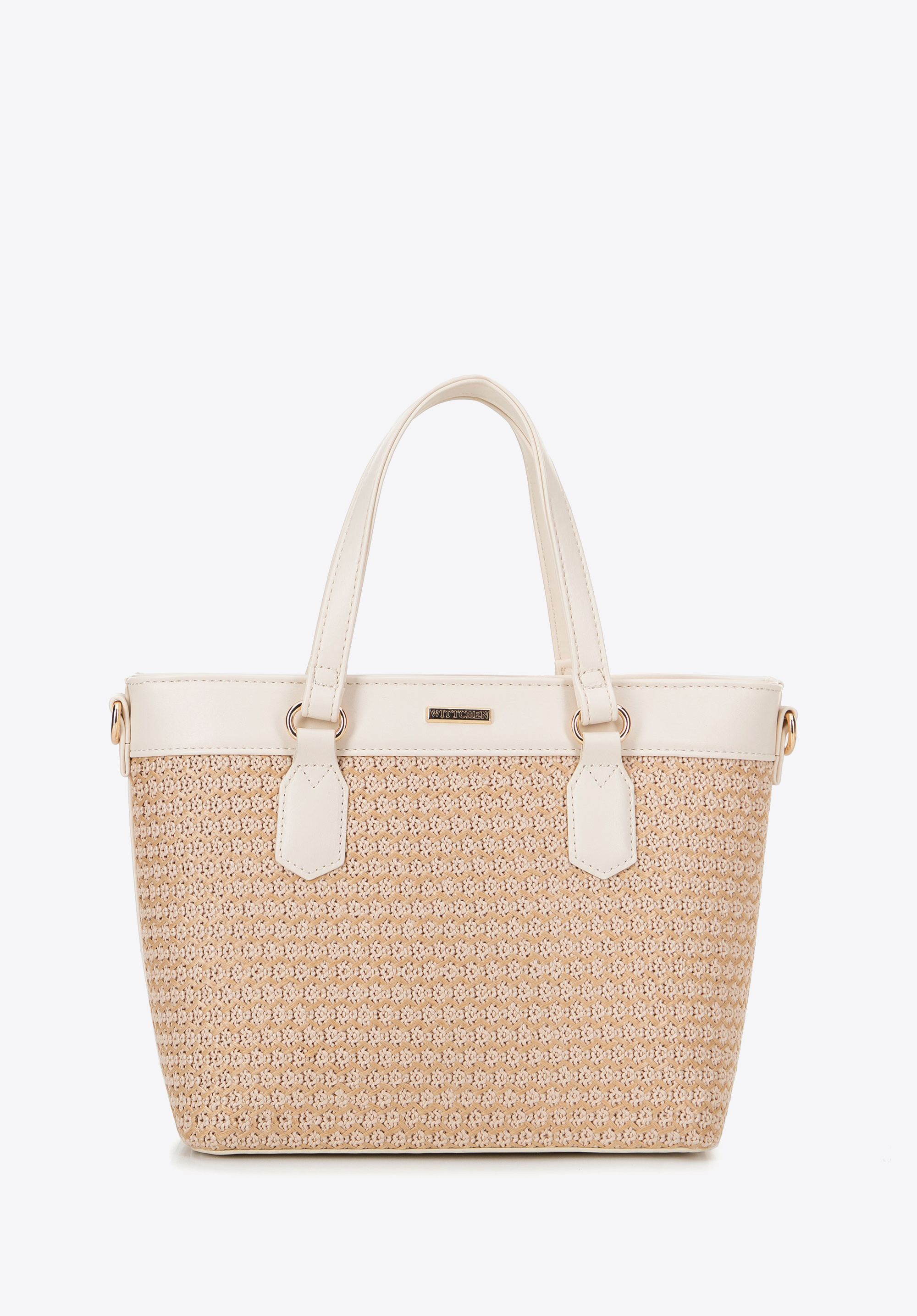 Dámska kabelka z umelej kože a tkaného materiálu, béžovo-krémová, 100-4Y-409-95, Obrázok 1