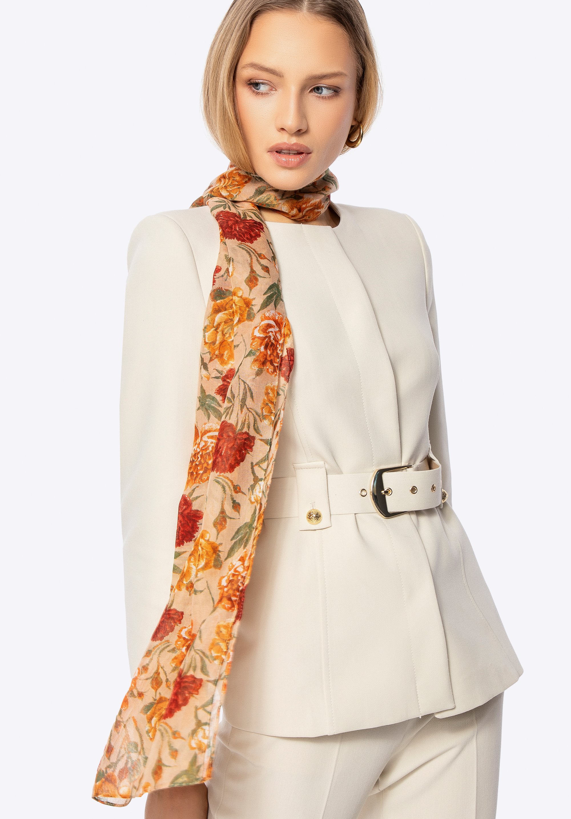Dámska tenká šatka s kvetinovým vzorom, béžovo-oranžová, 100-7D-00X-X, Obrázok 1