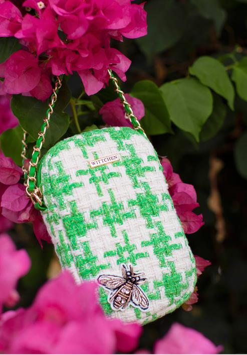 Dámská mini kabelka z kostkované látky s lesklým hmyzem, béžovo-zelená, 98-2Y-207-1, Obrázek 30