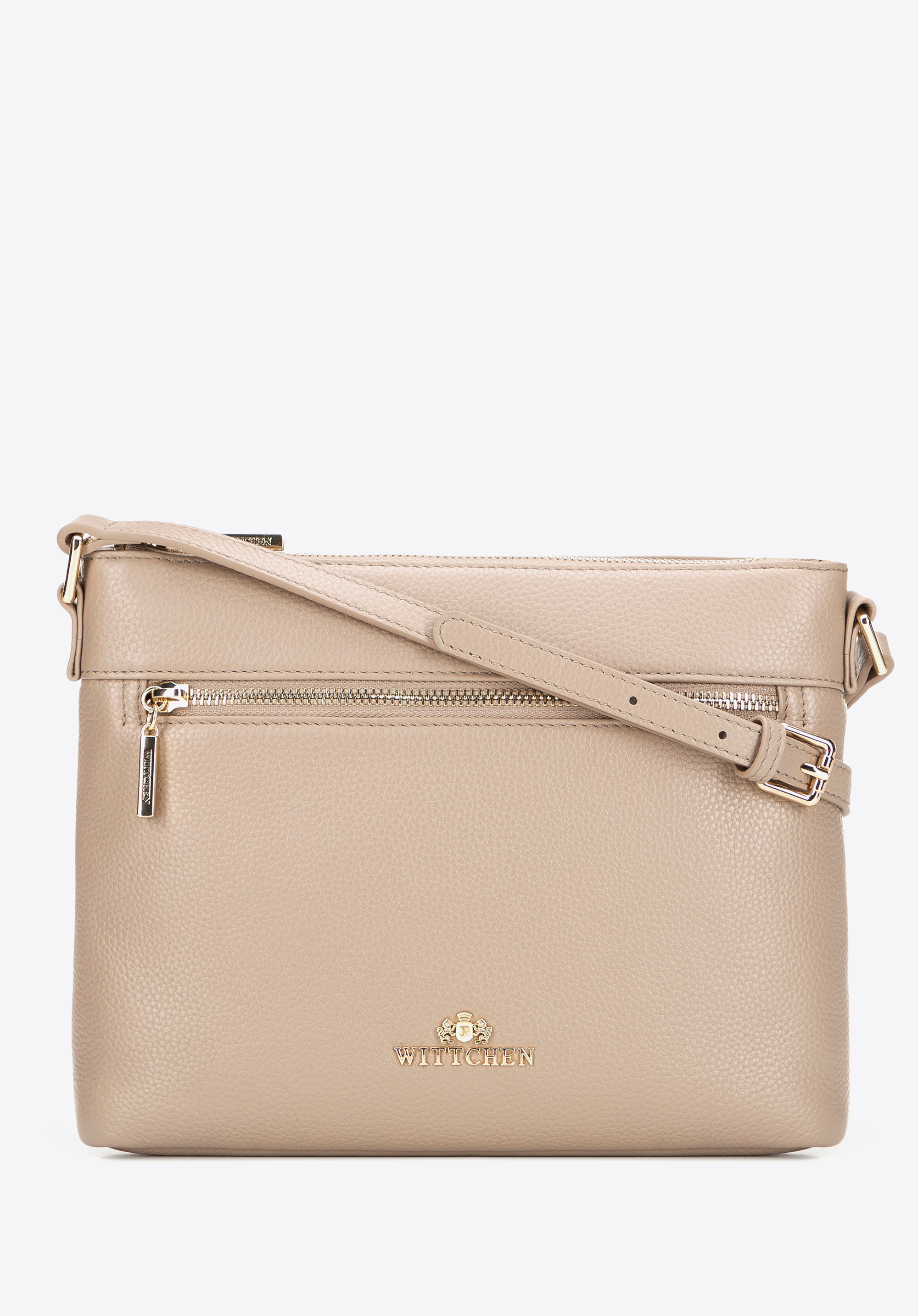 Kožená crossbody kabelka s nastavitelným ramenním popruhem, béžovo-zlatá, 101-4E-609-9G, Obrázek 1