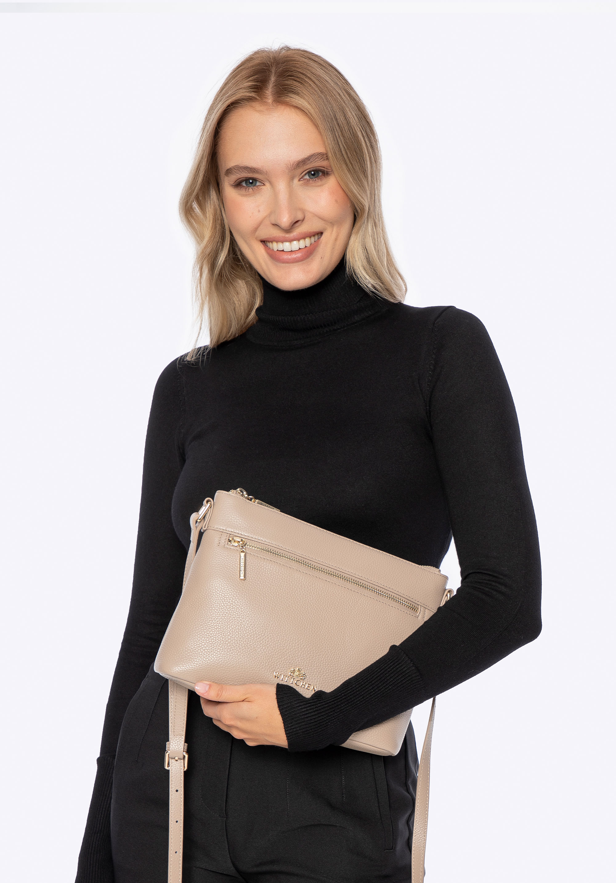 Kožená crossbody kabelka s nastavitelným ramenním popruhem, béžovo-zlatá, 101-4E-609-9G, Obrázek 1