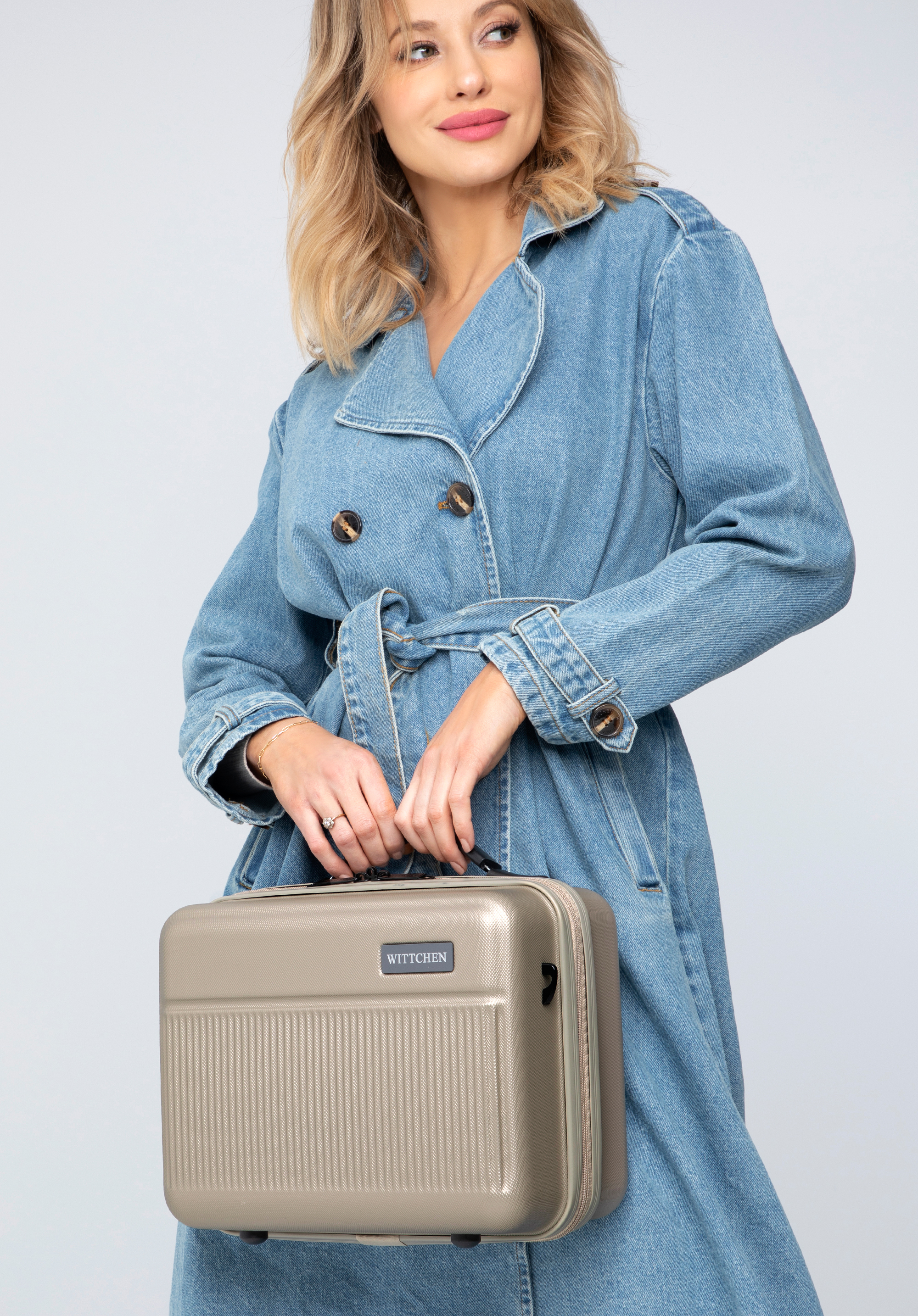 ABS anyagú kozmetikai táska függőleges csíkokkal, bézs, 56-3A-804-88, Fénykép 1