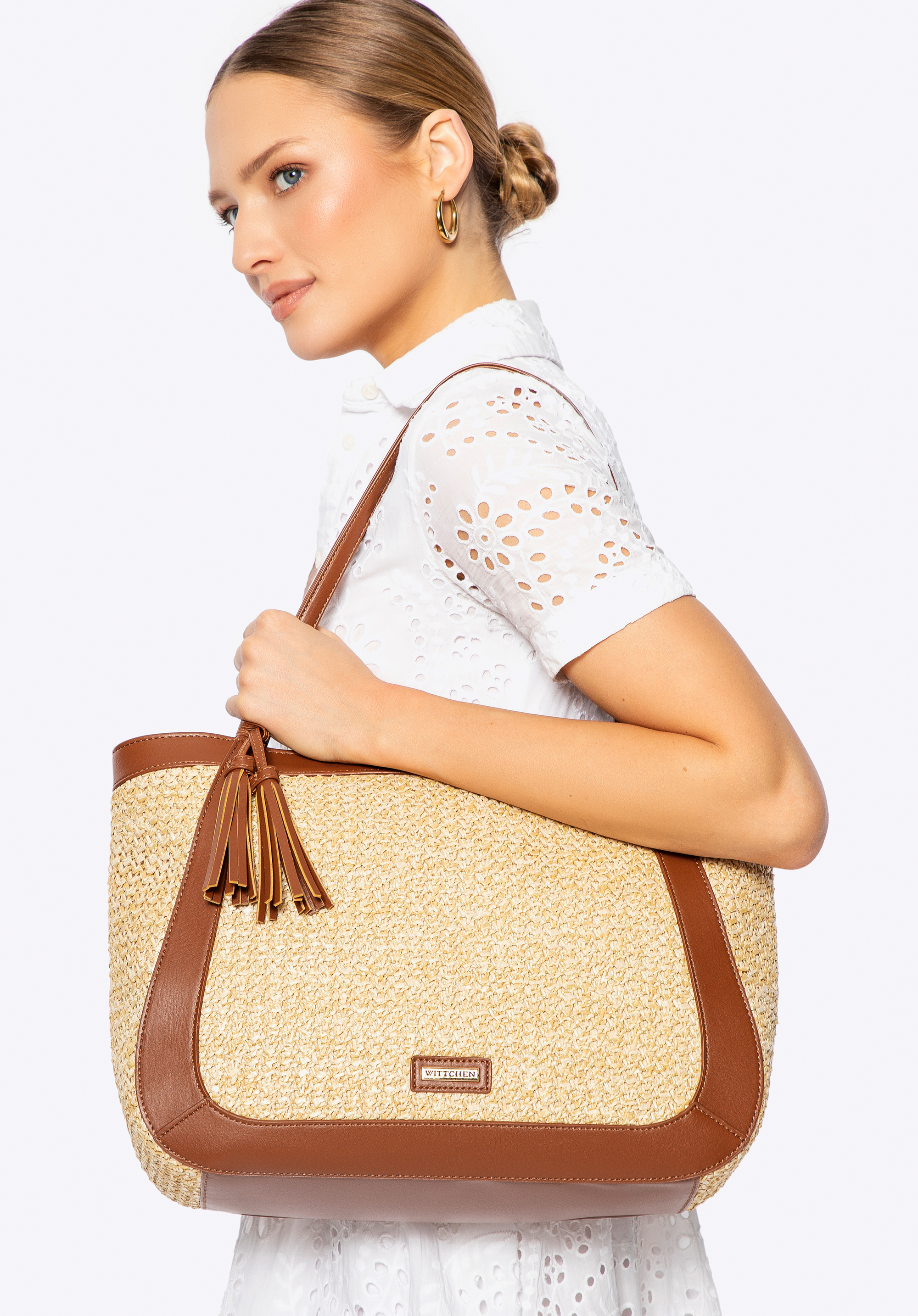 Női ökobőr fonott shoppertáska, bézs-barna, 100-4Y-407-90, Fénykép 1