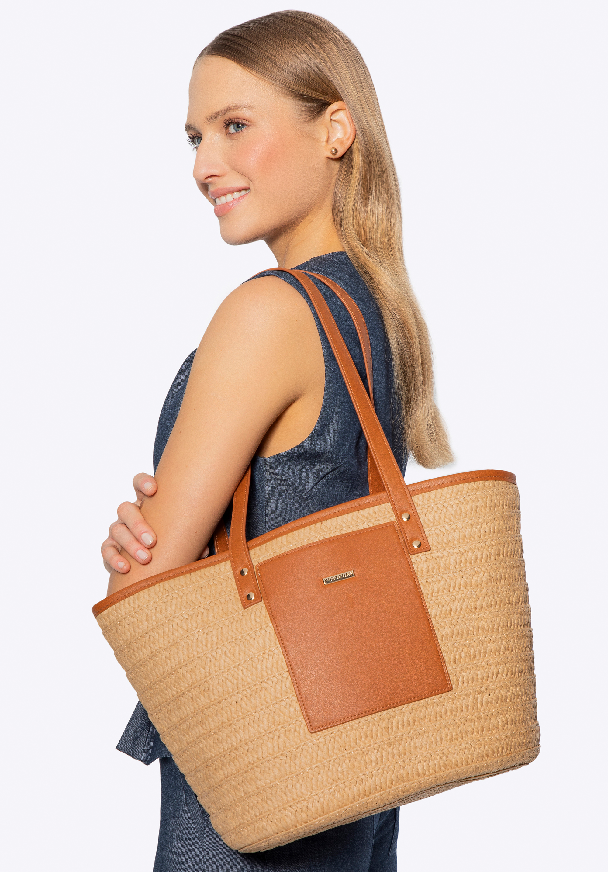 Fonott szalmatáska ökobőrrel, bézs-barna, 100-4Y-905-90, Fénykép 4