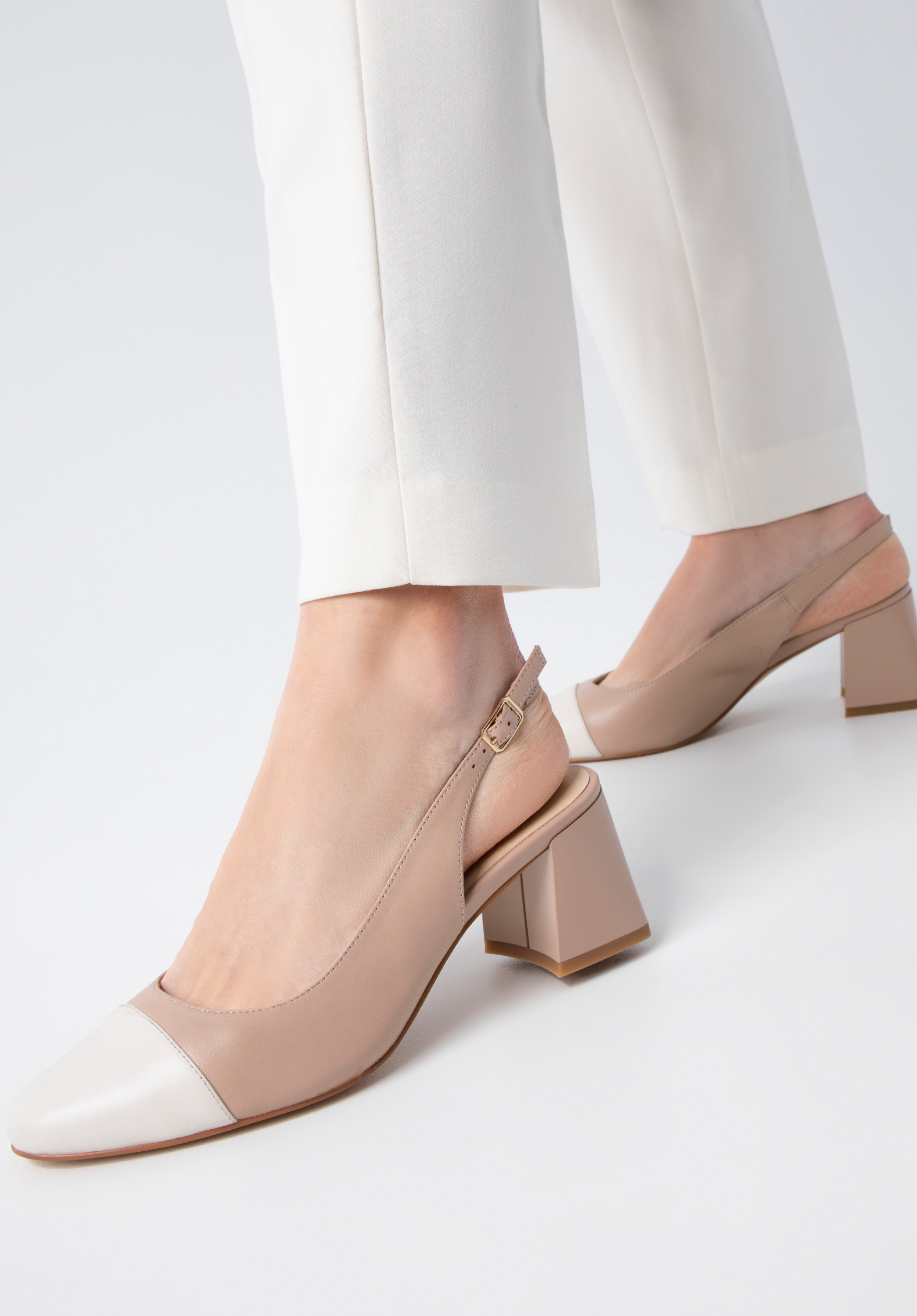 Női sling back magassarkú cipő, bézs-fehér, 98-D-964-90-39, Fénykép 1