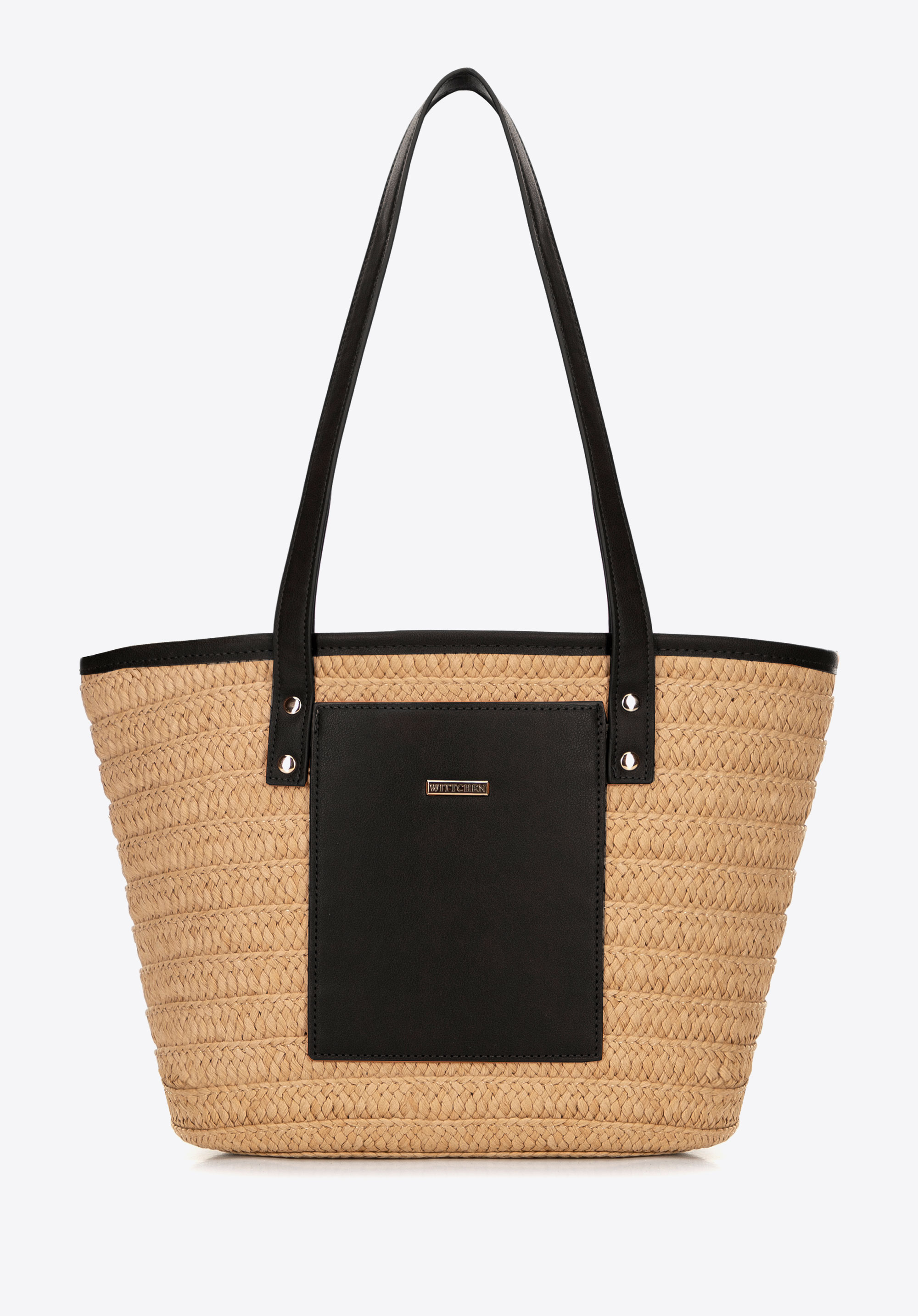 Női fonott szalmatáska ökobőrrel, bézs-fekete, 100-4Y-906-91, Fénykép 1