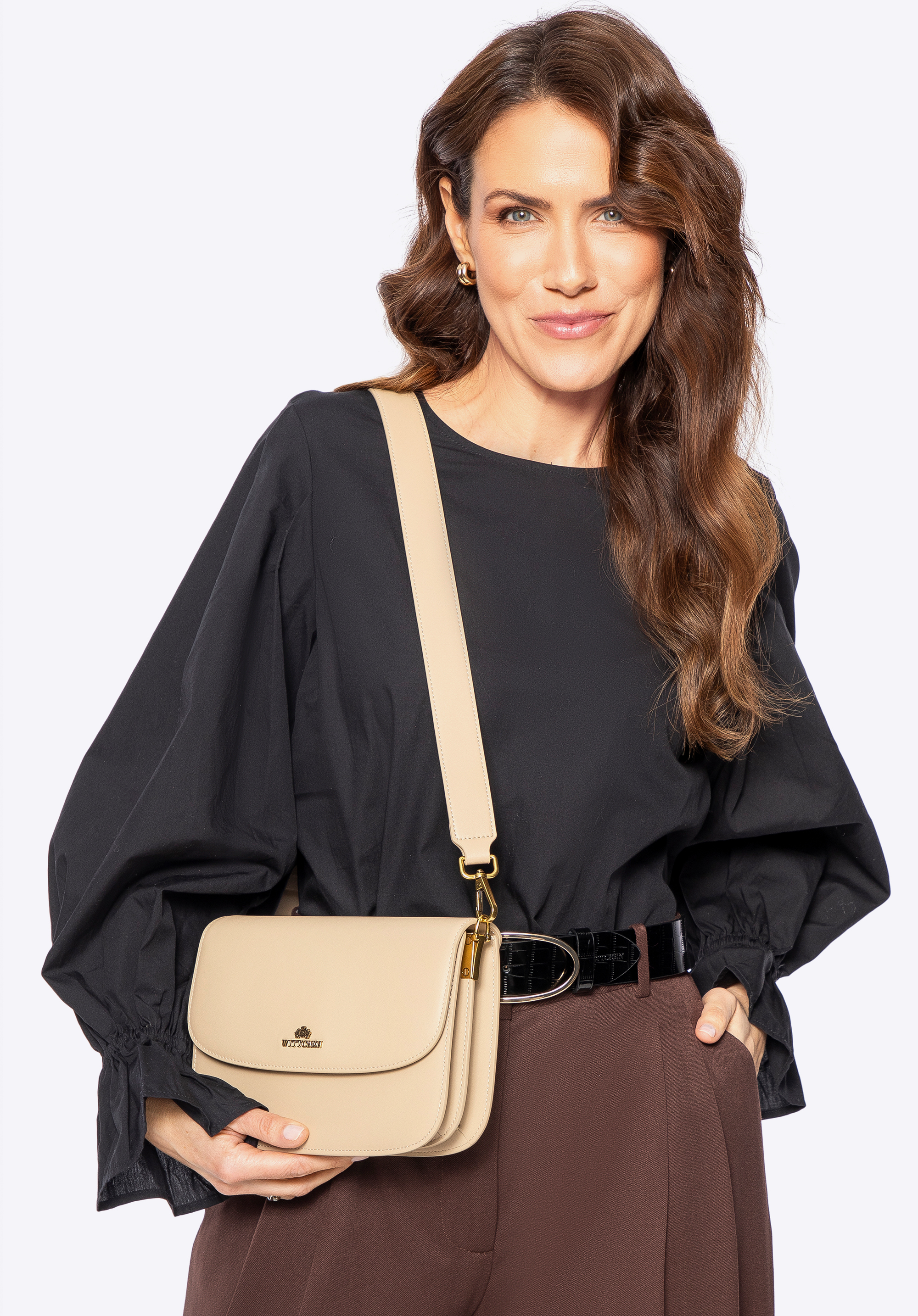 Kisméretű bőr crossbody táska, bézs, 100-4E-215-9, Fénykép 1