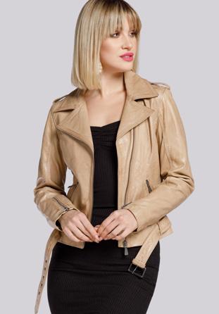 Női bőr motoros kabát epaulettekkel és övvel, bézs, 94-09-800-9-XL, Fénykép 1