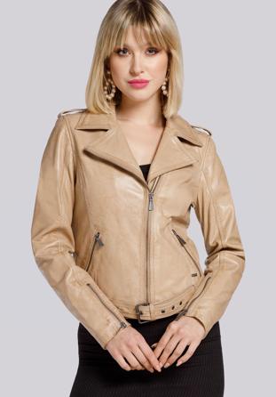 Női bőr motoros kabát epaulettekkel és övvel, bézs, 94-09-800-9-L, Fénykép 1