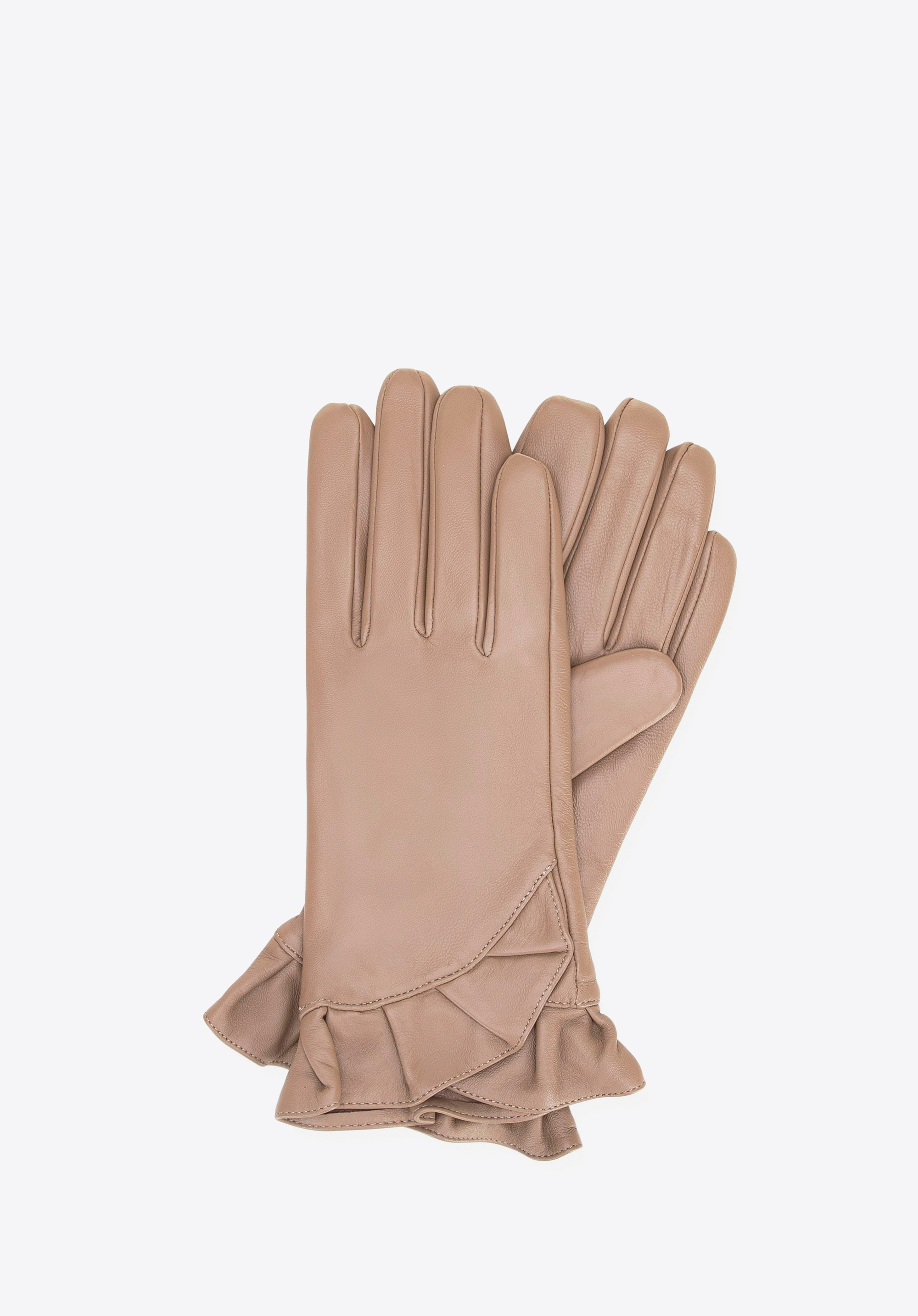 Női bőrkesztyű dekoratív fodros díszítéssel, bézs, 39-6L-032-1-M, Fénykép 1