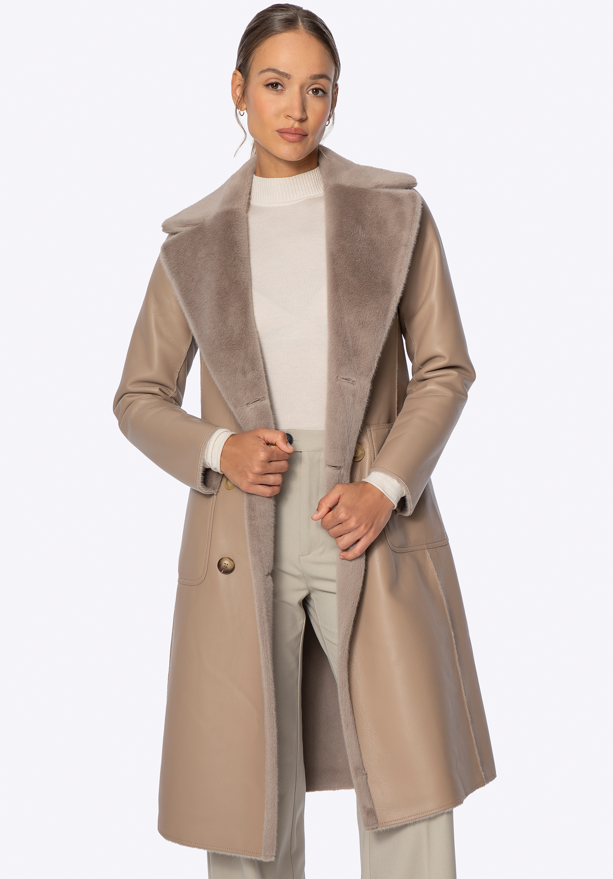 Kétoldalas női kabát övvel, bézs, 101-9W-000-9-2XL, Fénykép 1