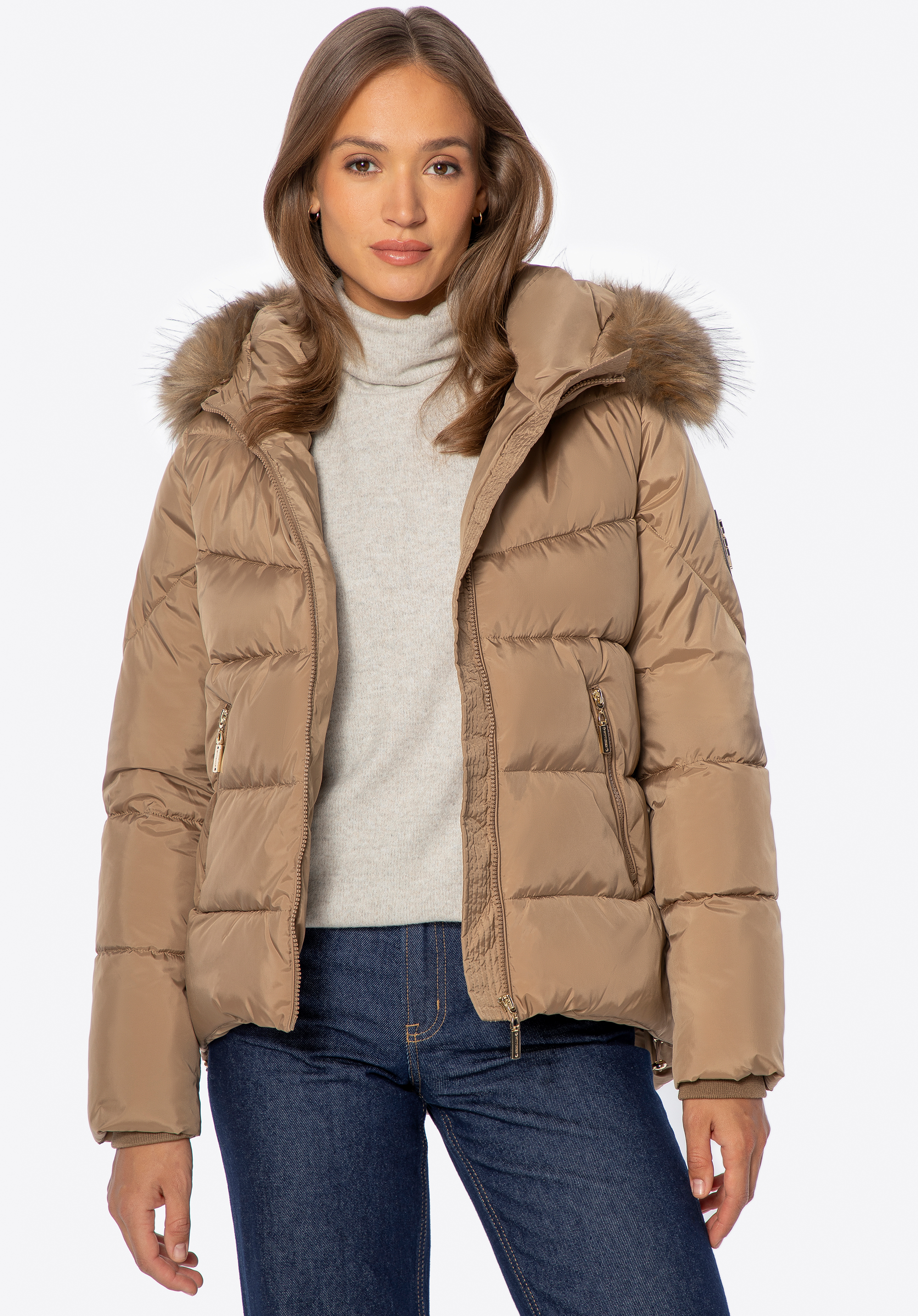 Női steppelt kabát elasztikus mandzsettával, bézs, 101-9D-400-9-2XL, Fénykép 1