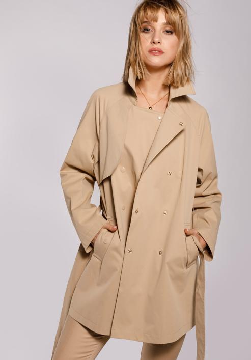 Női rövid kétsoros trendi kabát, bézs, 92-9N-400-1-2XL, Fénykép 2