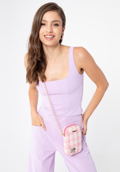 Női kockás szövet kisméretű táska fényes belső szegéllyel, bézs-rózsaszín, 98-2Y-207-Z, Fénykép 15
