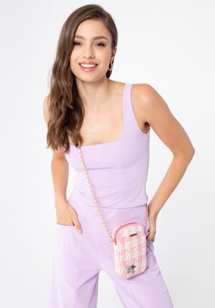 Női kockás szövet kisméretű táska fényes belső szegéllyel, bézs-rózsaszín, 98-2Y-207-P, Fénykép 1