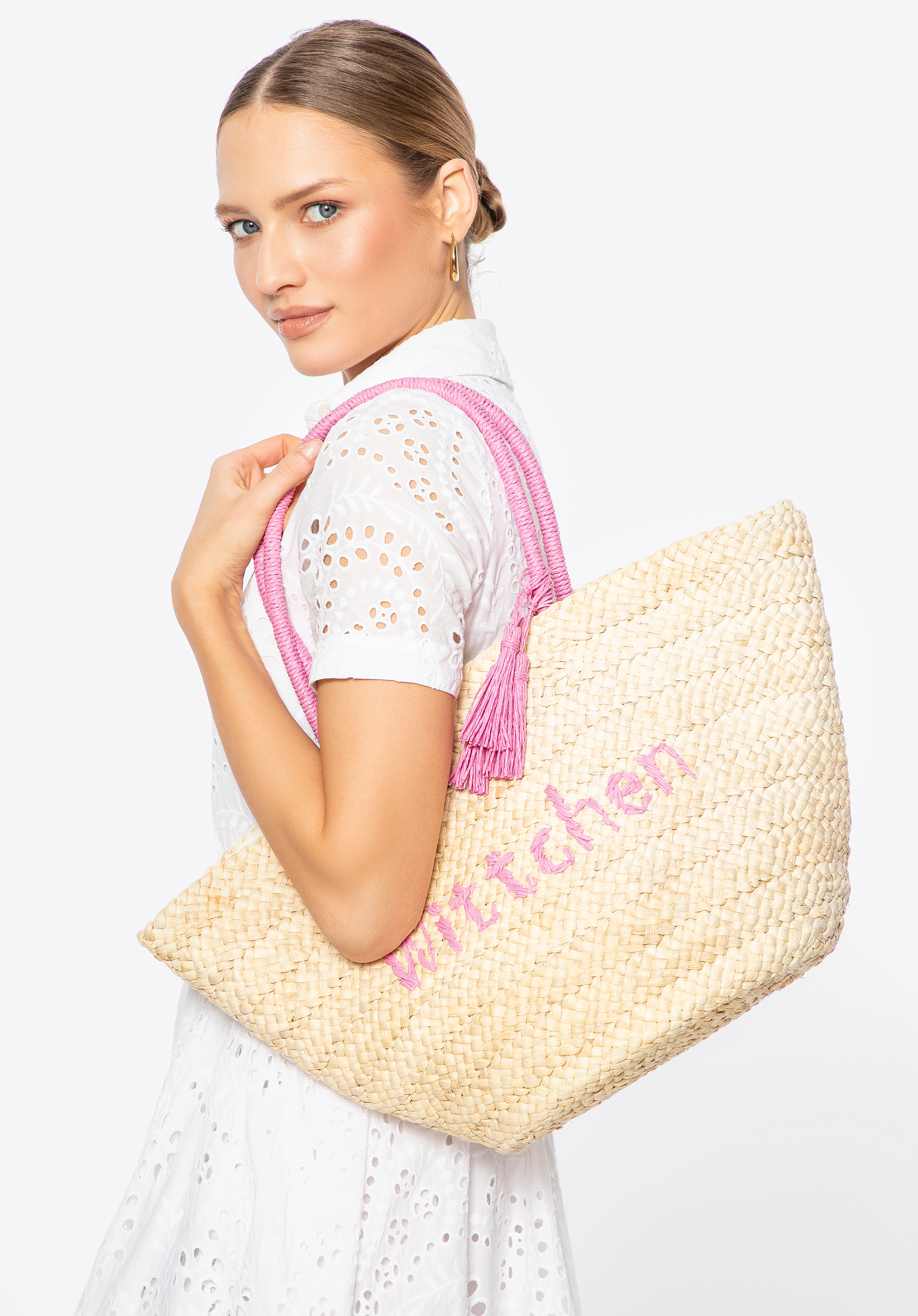 Szőtt shoppertáska márkalogóval, bézs-rózsaszín, 100-4Y-903-91, Fénykép 4