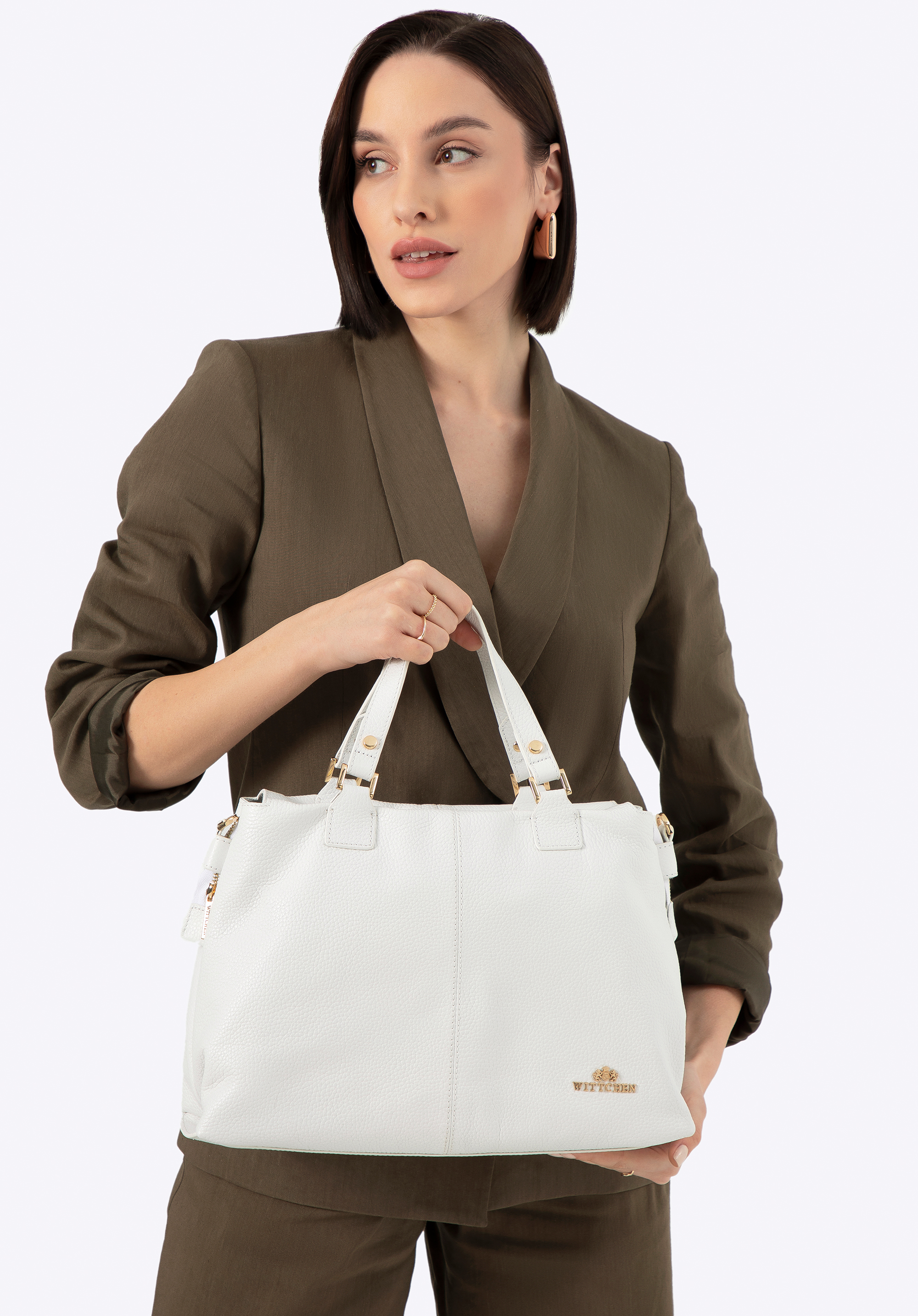 Dámsky shopper z kamienkovej kože s dvoma priehradkami, biela, 100-4E-805-0, Obrázok 1