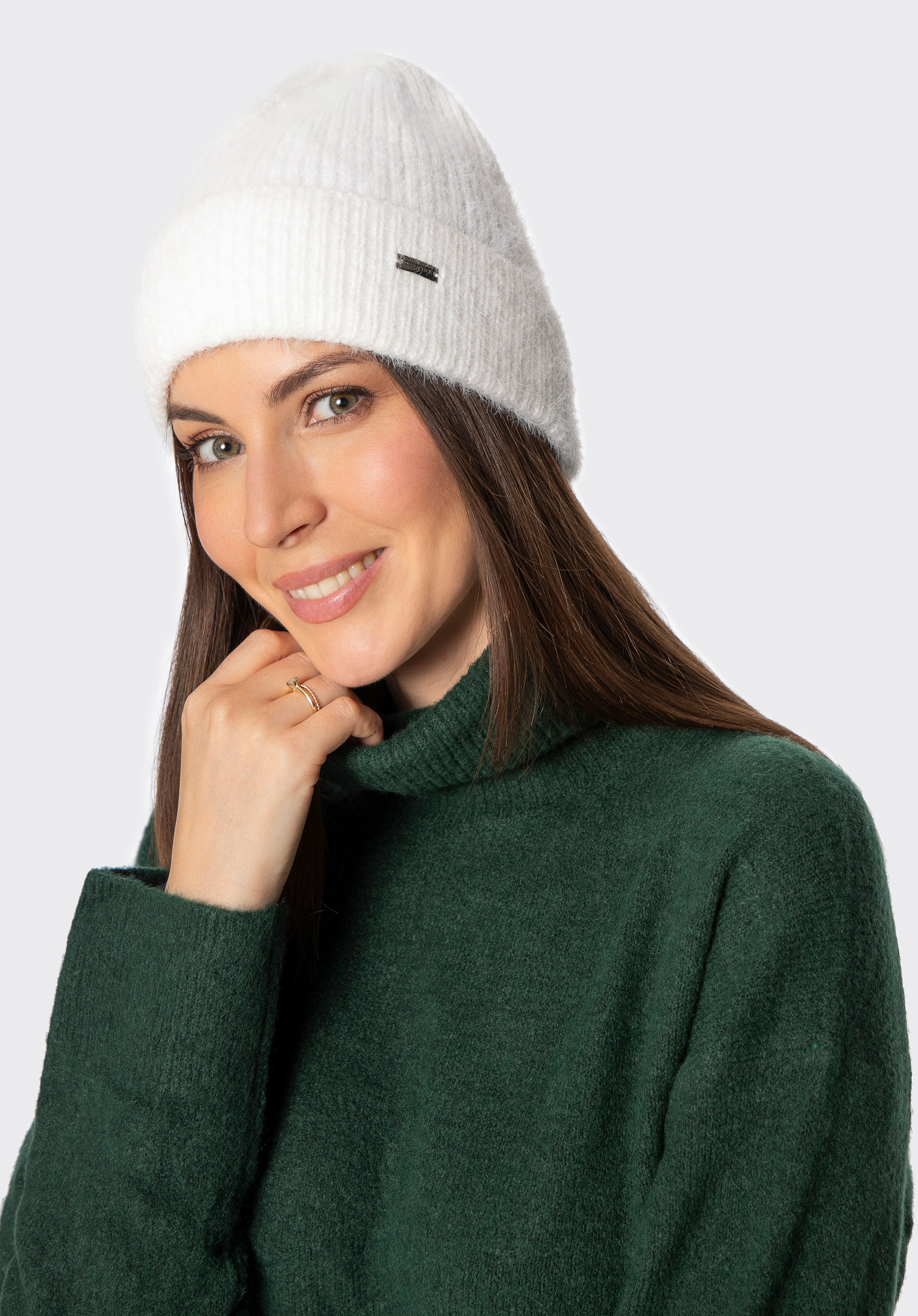 Dámská zimní čepice z měkké látky, bílá, 101-HF-202-0, Obrázek 1