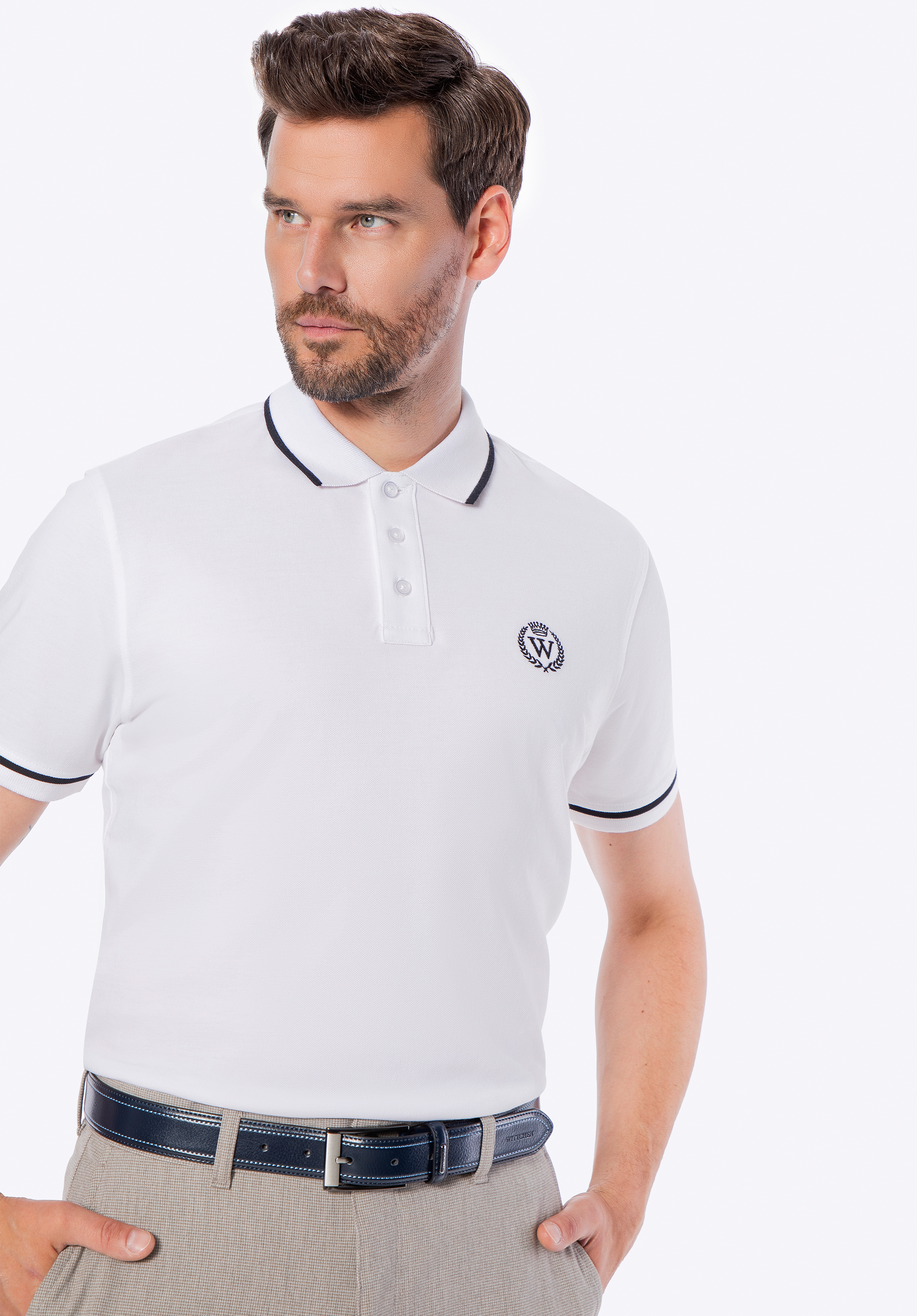 Pánské bavlněné polo tričko s kontrastními lemy, bílo-černá, M0-99-102-0-S, Obrázek 1