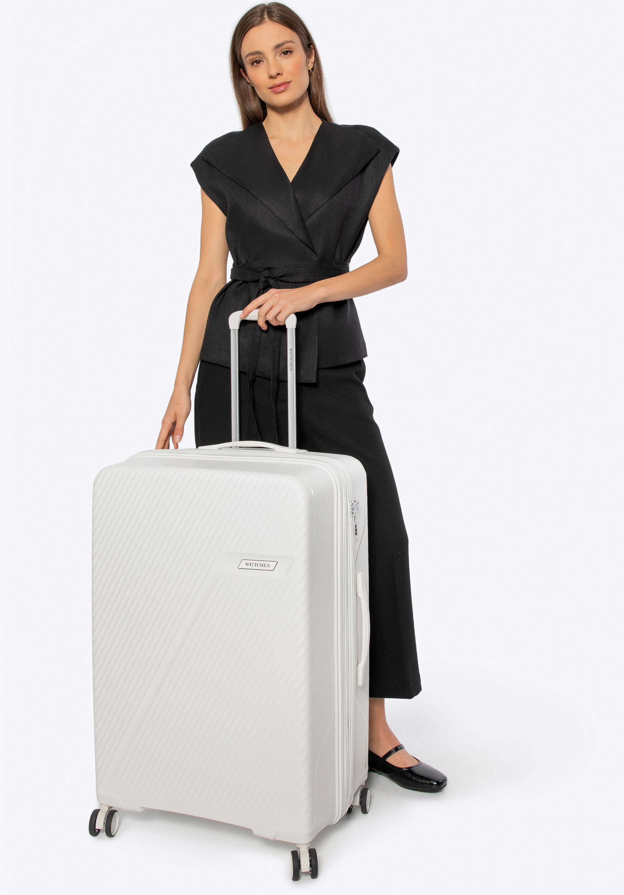 Velký polypropylenový kufr s diagonálními pruhy, bílo-stříbrná, 56-3T-503-89, Obrázek 1