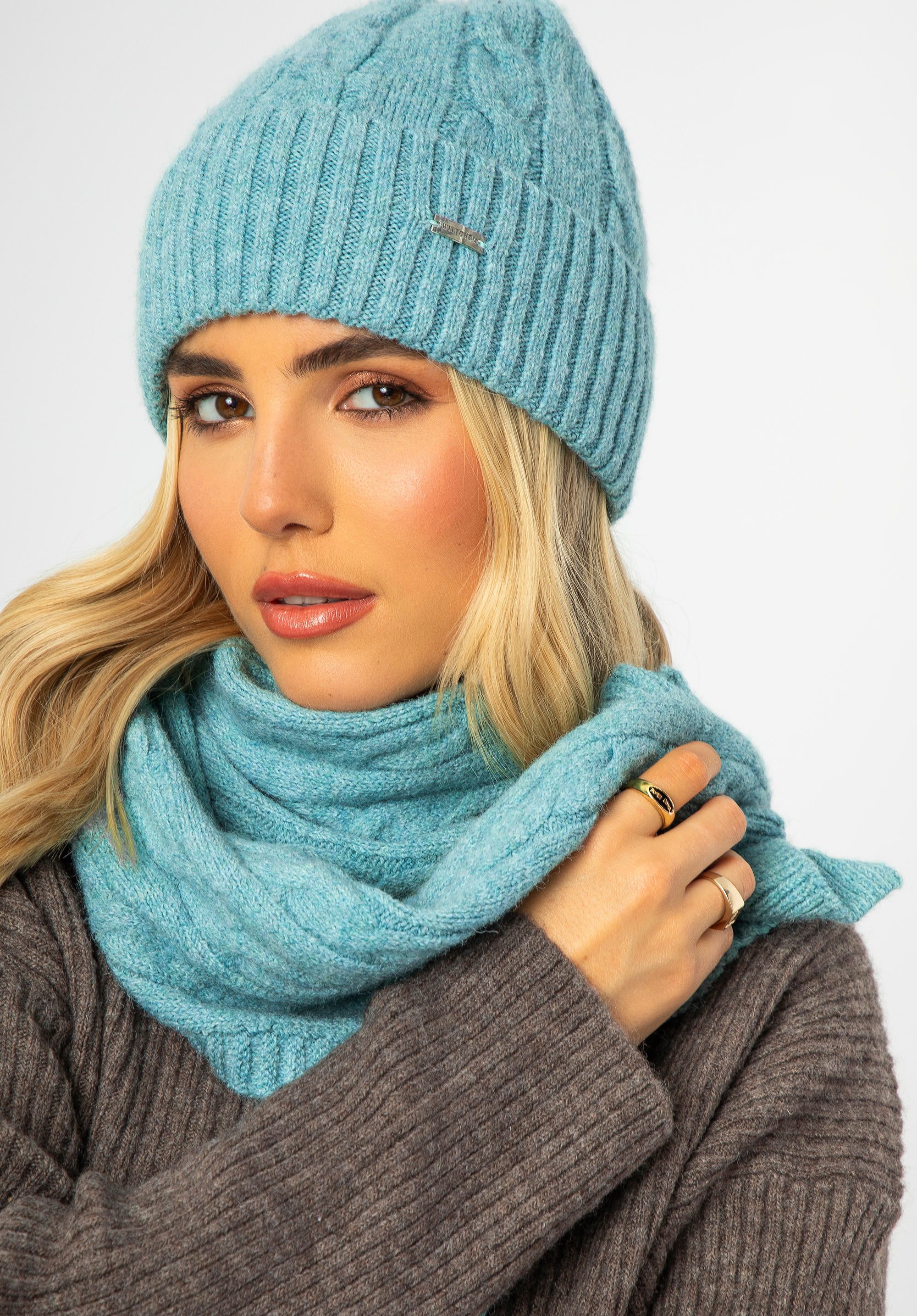 Damen-Winterset im Zopfmuster, blau, 99-SF-020-N, Bild 1