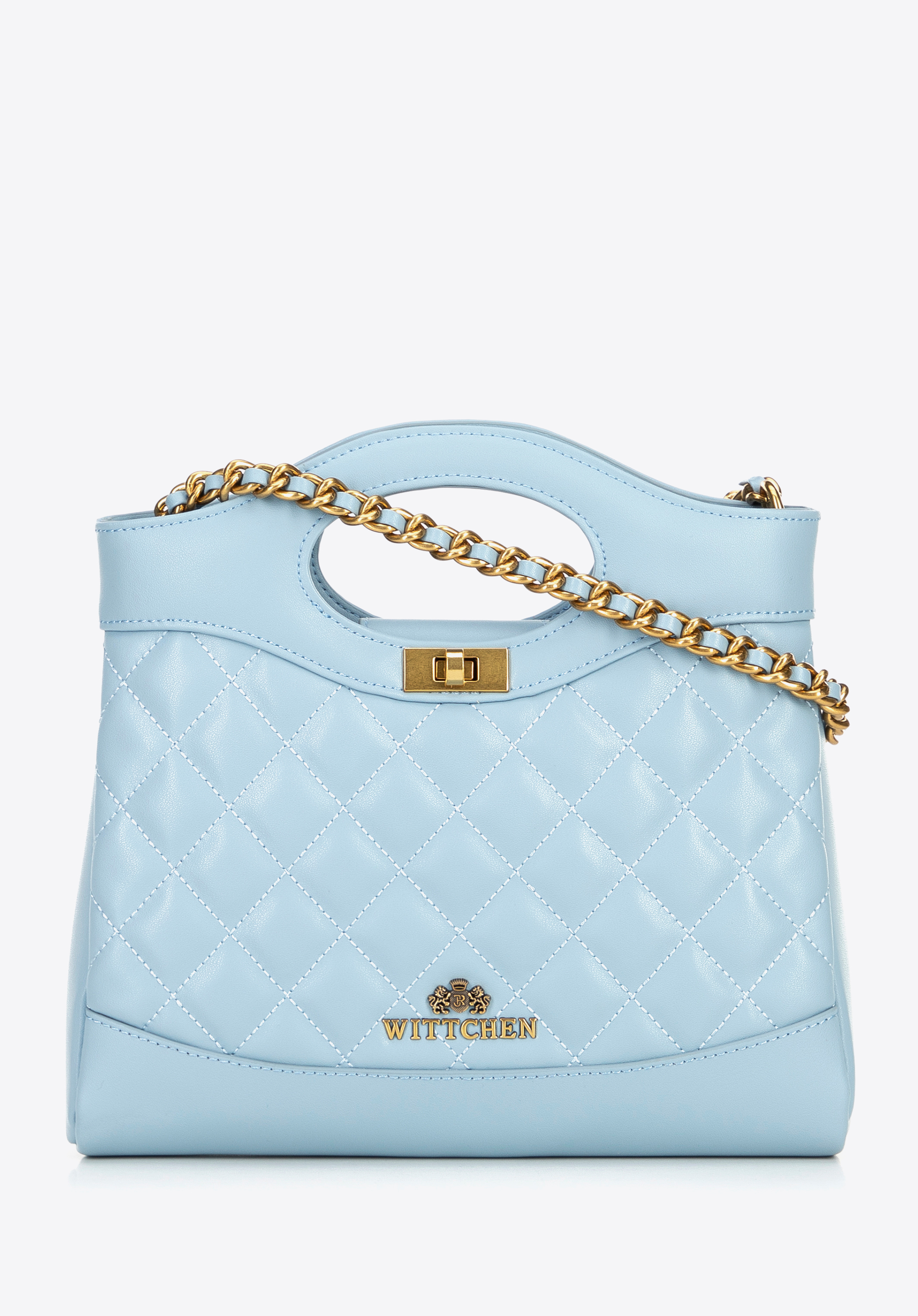 Gesteppte Mini-Tasche aus Leder mit Kette, blau, 100-4E-230-N, Bild 1