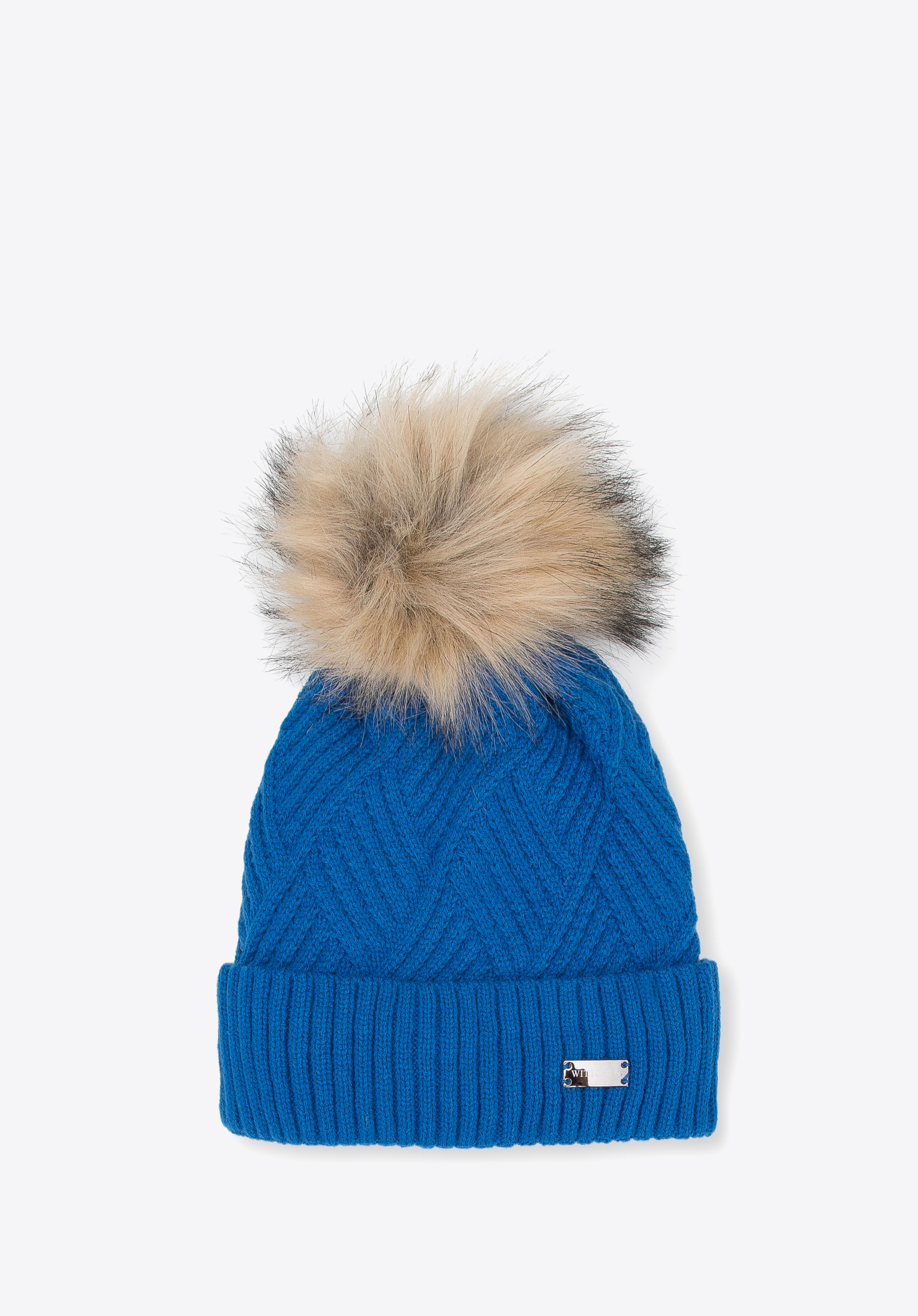 Karierte Damenmütze mit Bommel, blau, 95-HF-002-N, Bild 1