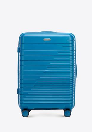 Mittelgroßer Koffer aus Polypropylen mit glänzenden Riemen, blau, 56-3T-162-95, Bild 1