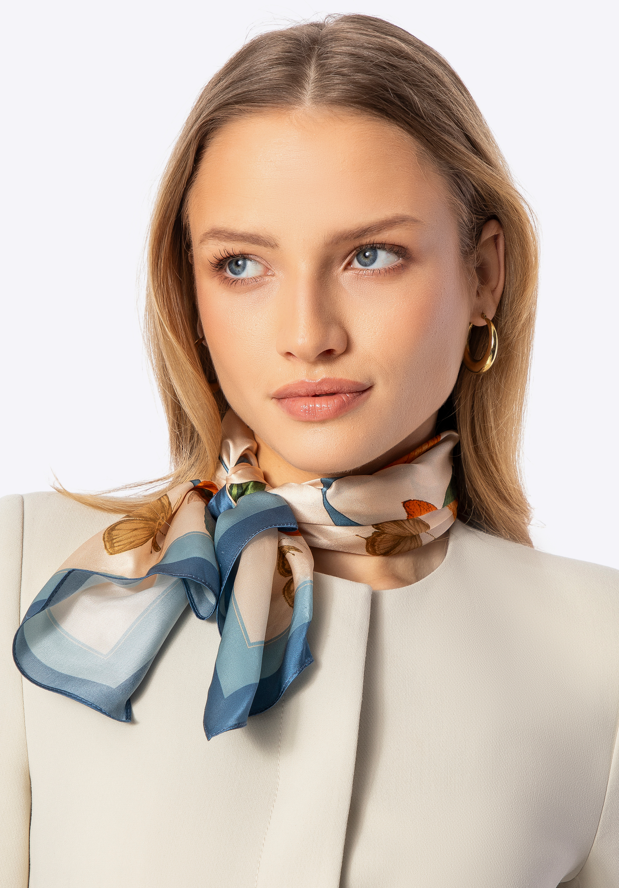 Gemusterter Seidenschal für Damen, blau-orange, 100-7D-S01-X20, Bild 1
