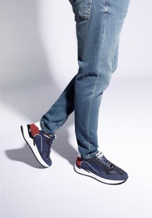 Herren-Sneaker aus Leder mit Fischgrätmuster, blau-rot, 96-M-952-N-41, Bild 1