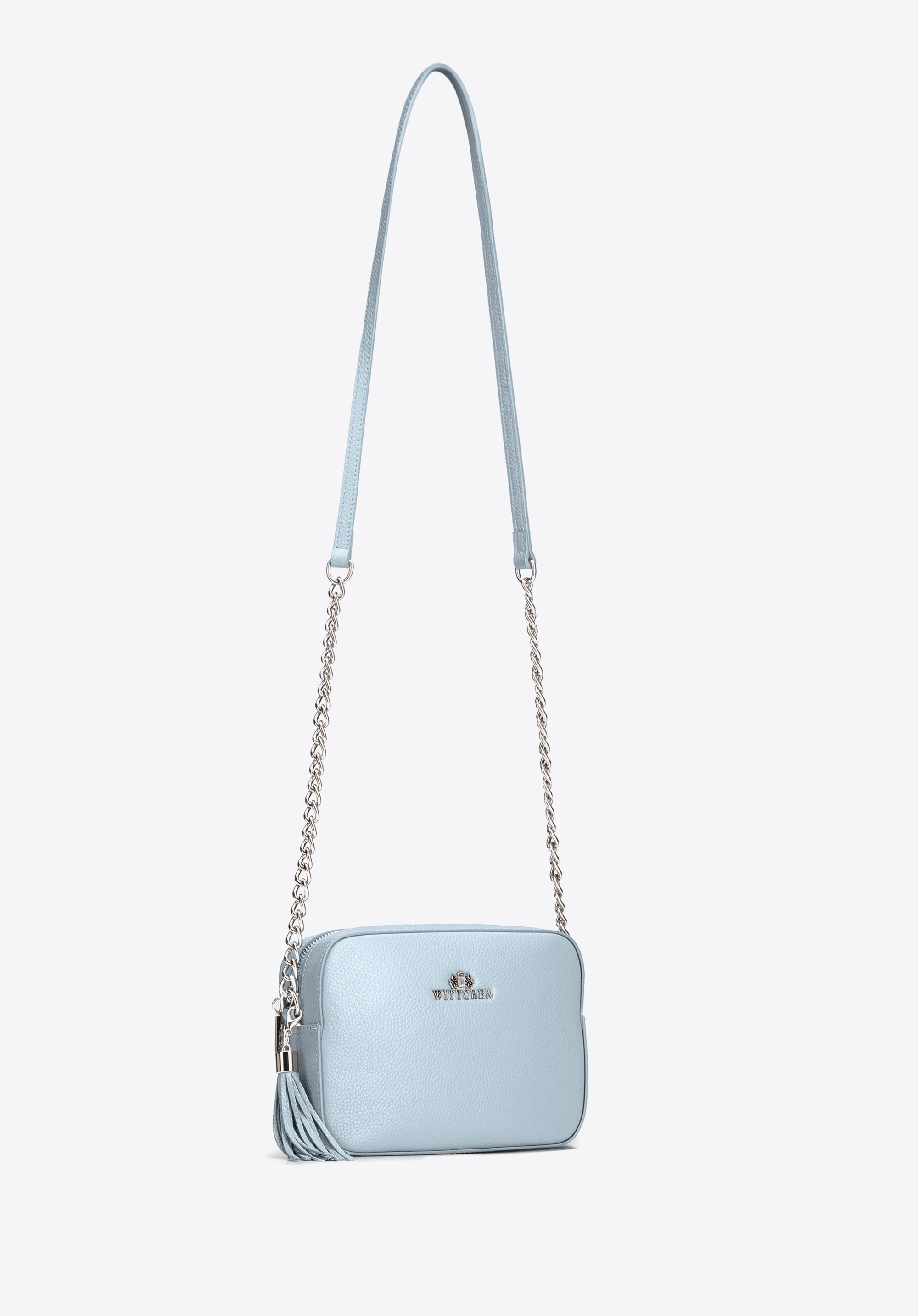 Umhängetasche aus Saffiano-Leder mit Kette, blau, 29-4E-019-N, Bild 1