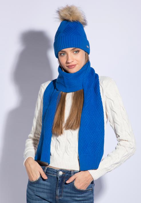 Karierte Damenmütze mit Bommel, blau, 95-HF-002-N, Bild 15