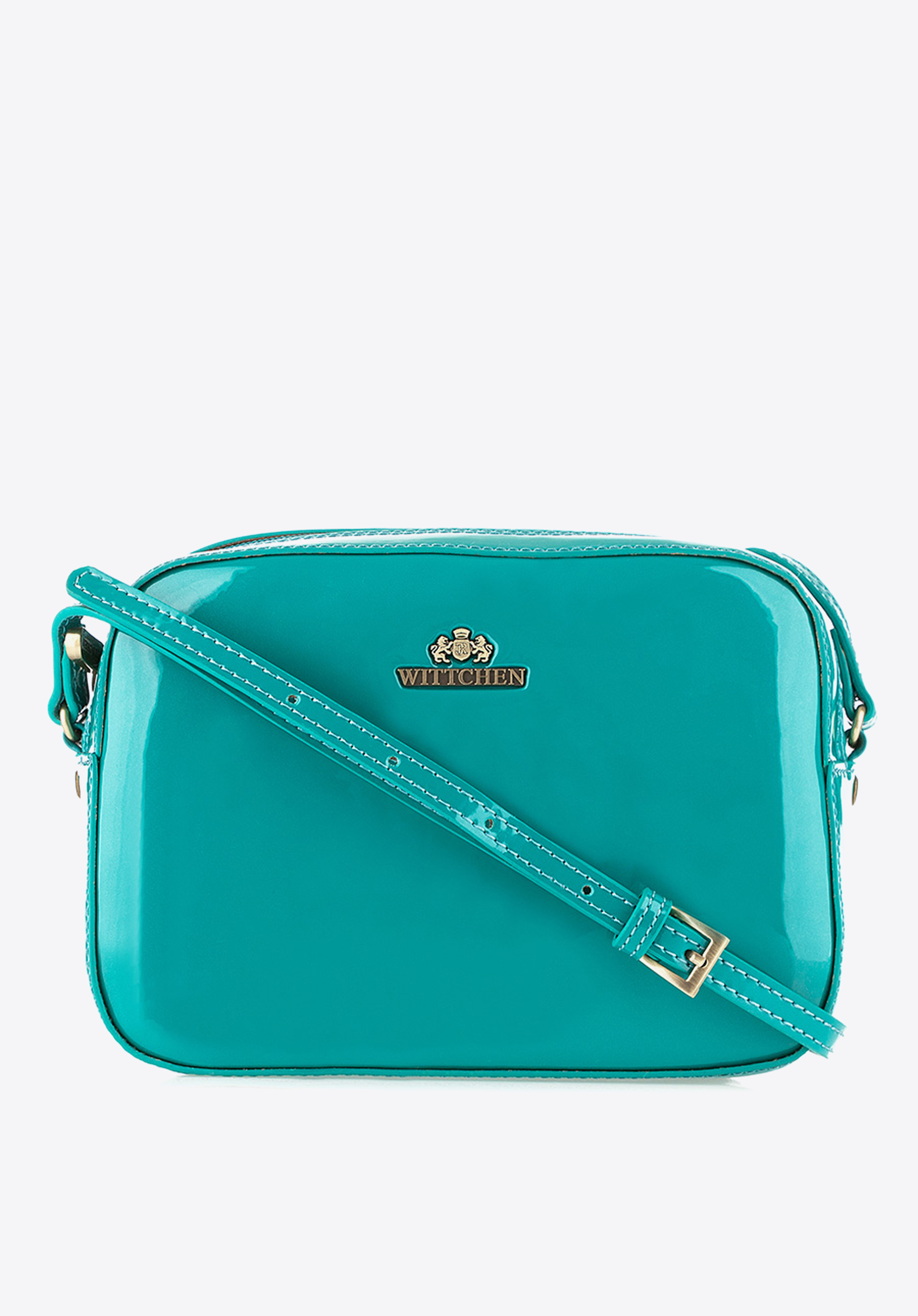 UMHÄNGETASCHE FÜR DAMEN AUS LACKLEDER, blaugrün, 25-4-589-M, Bild 1