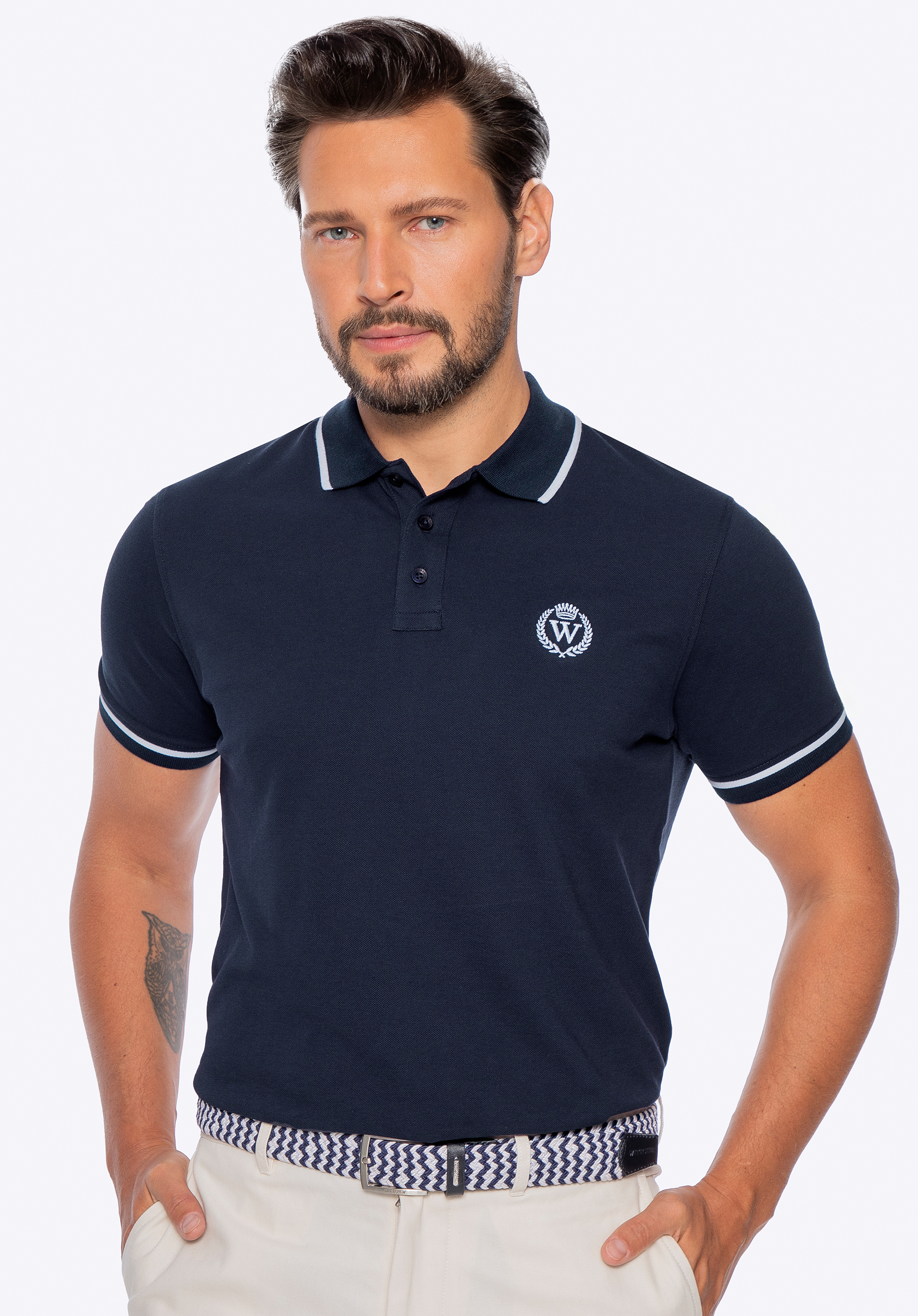 Tricou polo bărbătesc din bumbac, bleumarin - alb, M0-99-102-N-L, Fotografie 1