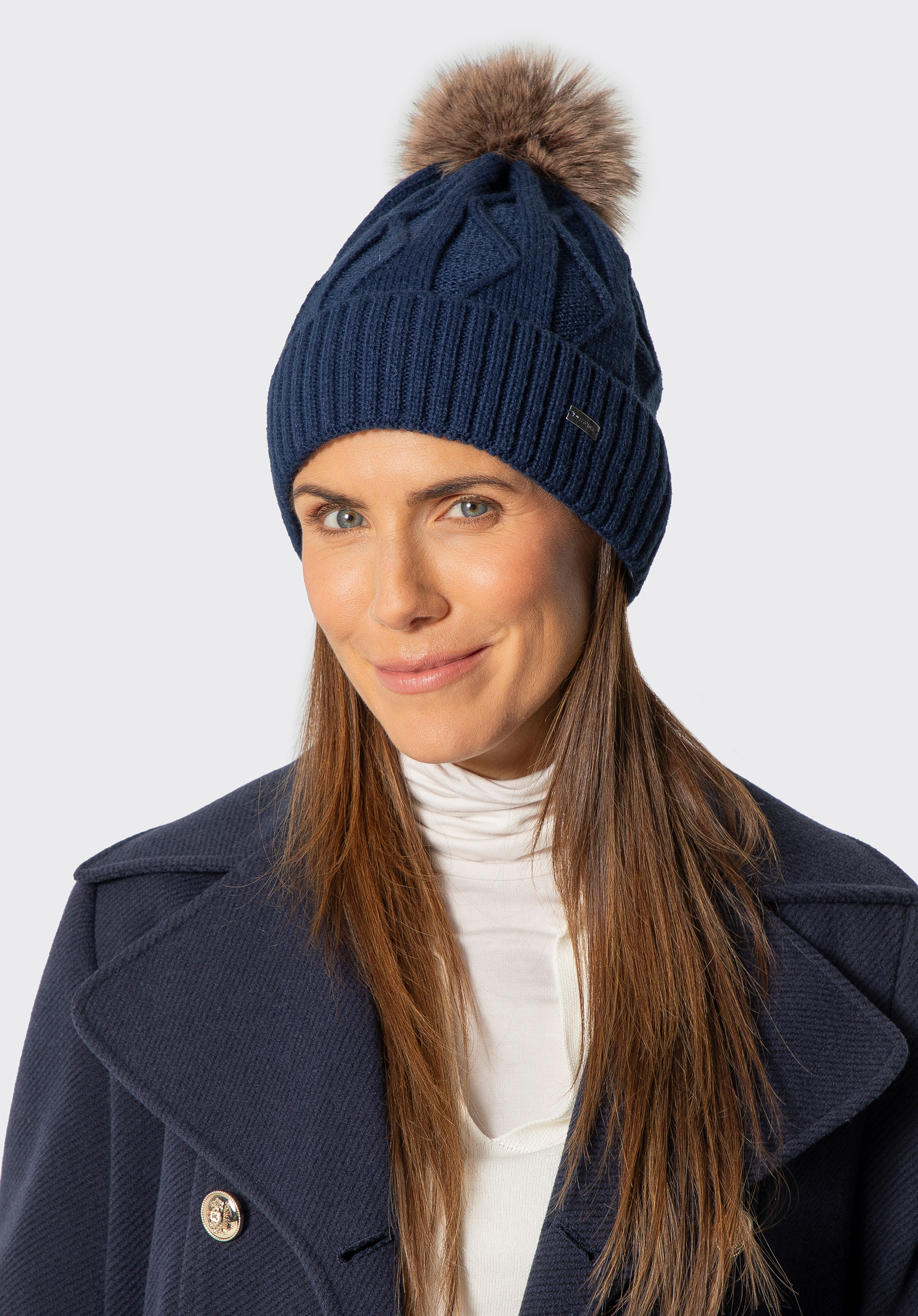 Căciulă tricotată pentru femei cu pompon contrastant, bleumarin, 101-HF-005-N, Fotografie 1