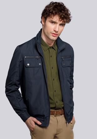 Geacă bărbătească harrington de piele, cu borduri elastice, bleumarin, 92-9N-451-7-S, Fotografie 1