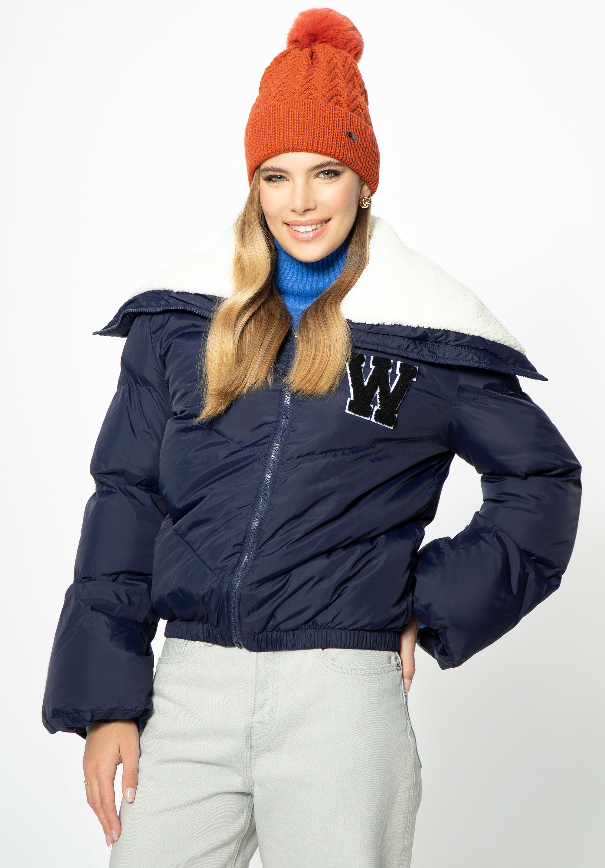 Geacă puffer cu guler de blană artificială Teddy, bleumarin, 97-9D-901-N-XL, Fotografie 1