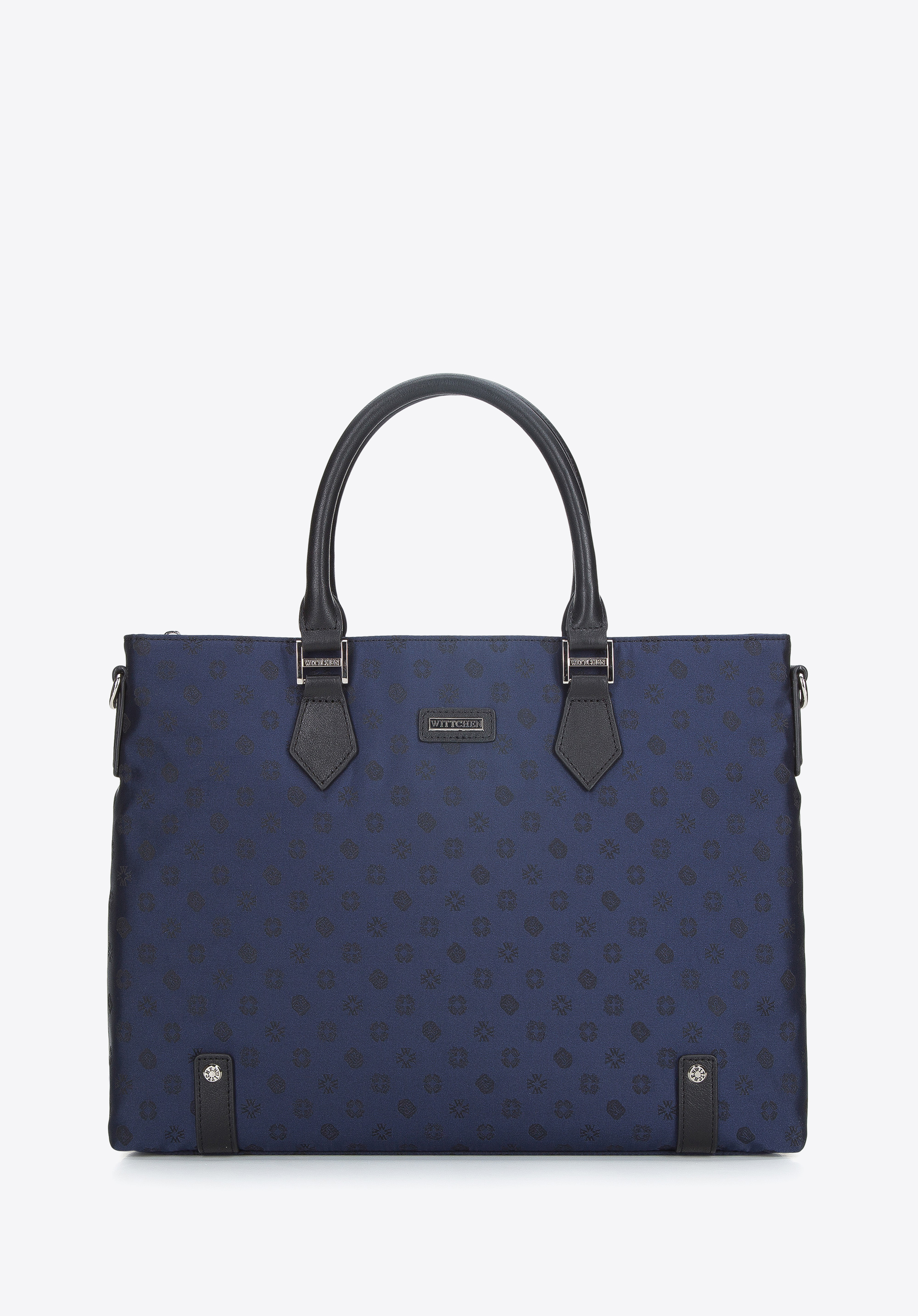 Geantă de damă pentru laptop de 12 inch jacquard cu curele din piele, bleumarin, 95-4-903-N, Fotografie 1