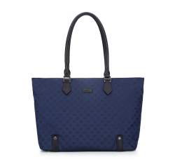 Geantă shopper jacquard cu benzi din piele, bleumarin, 95-4-908-N, Fotografie 1