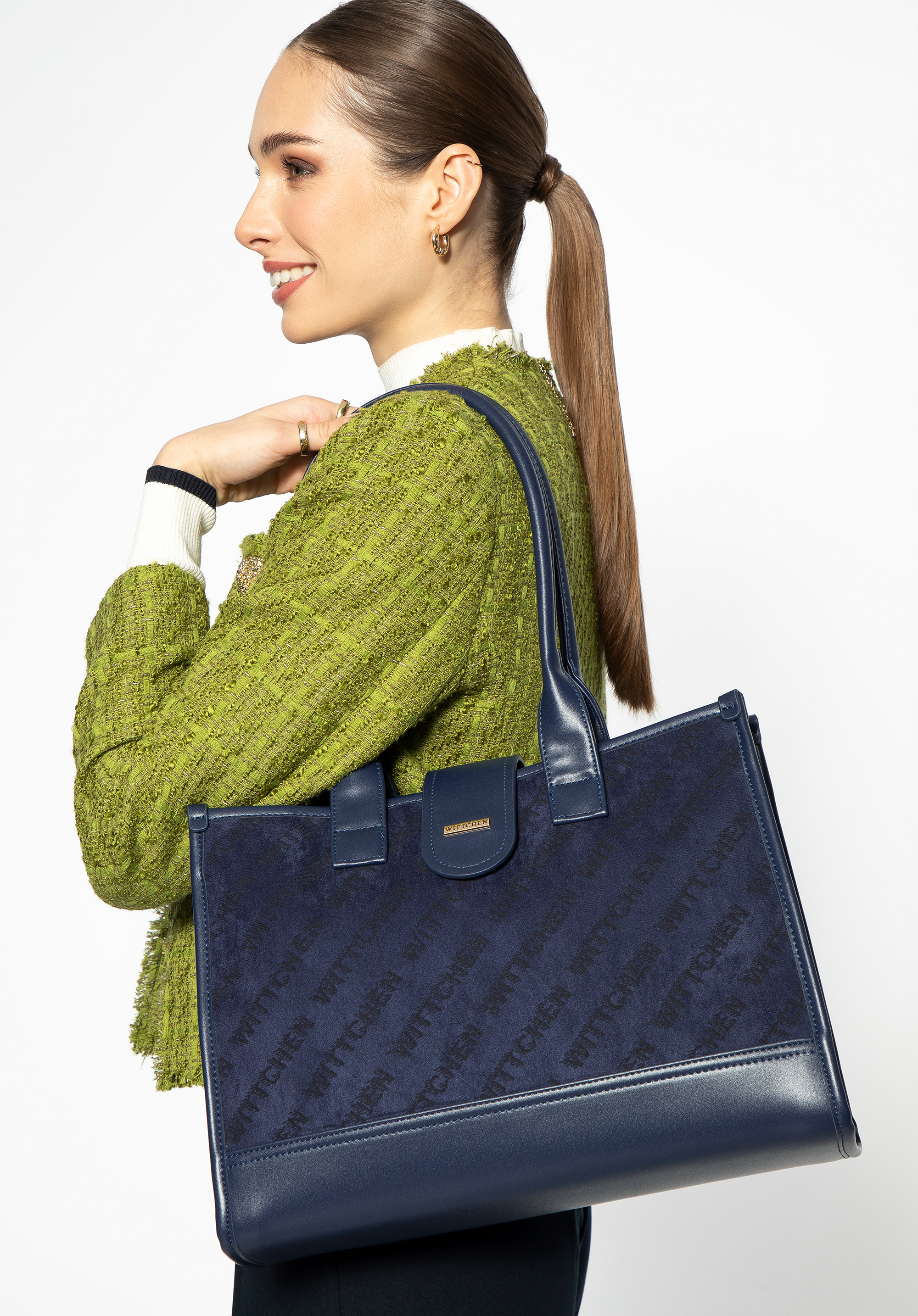 Geantă de umăr clasică cu material textil, bleumarin, 99-4Y-520-1, Fotografie 1