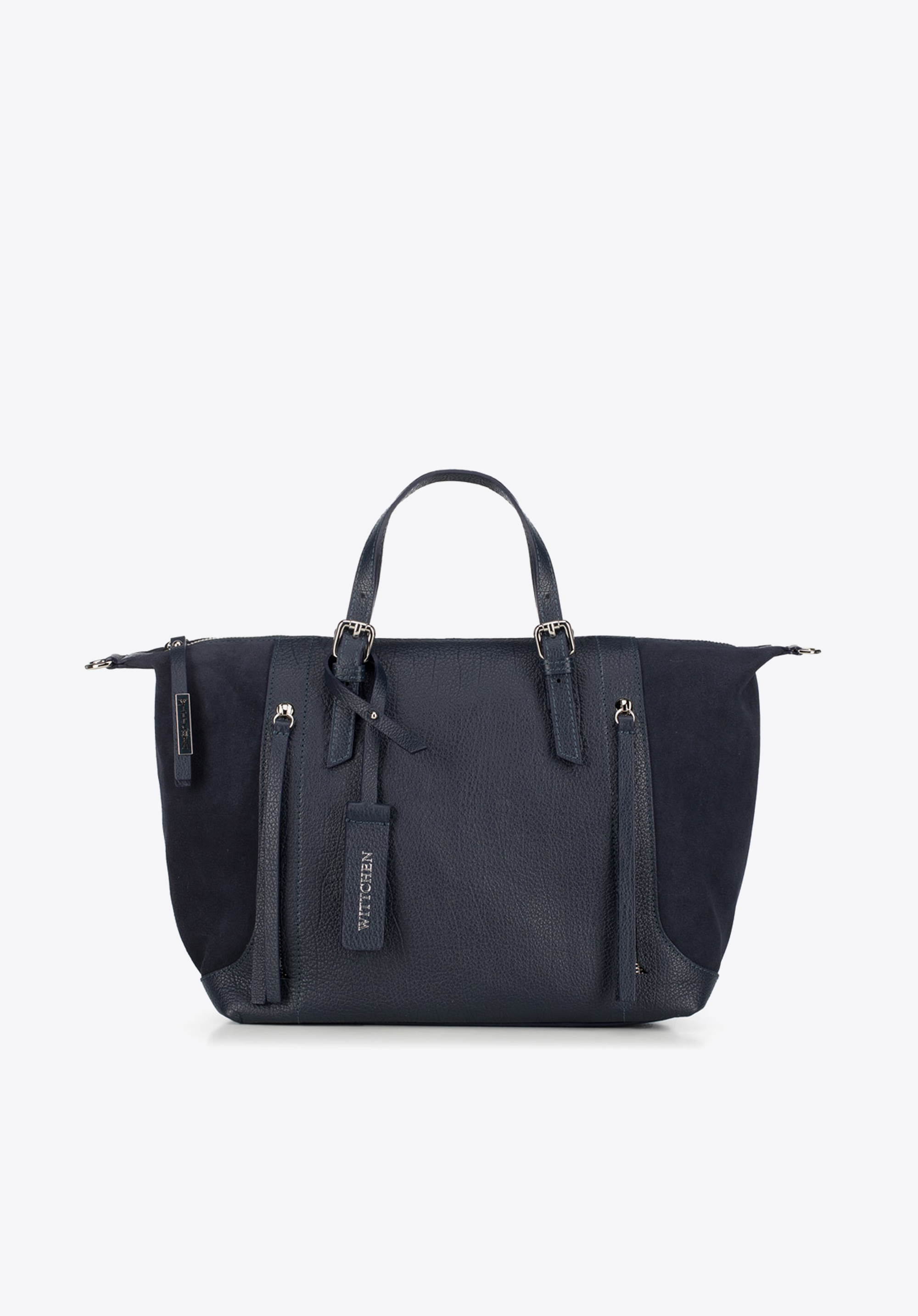 Geanta shopper realizată din doua tipuri de piele, bleumarin, 90-4E-007-7, Fotografie 1