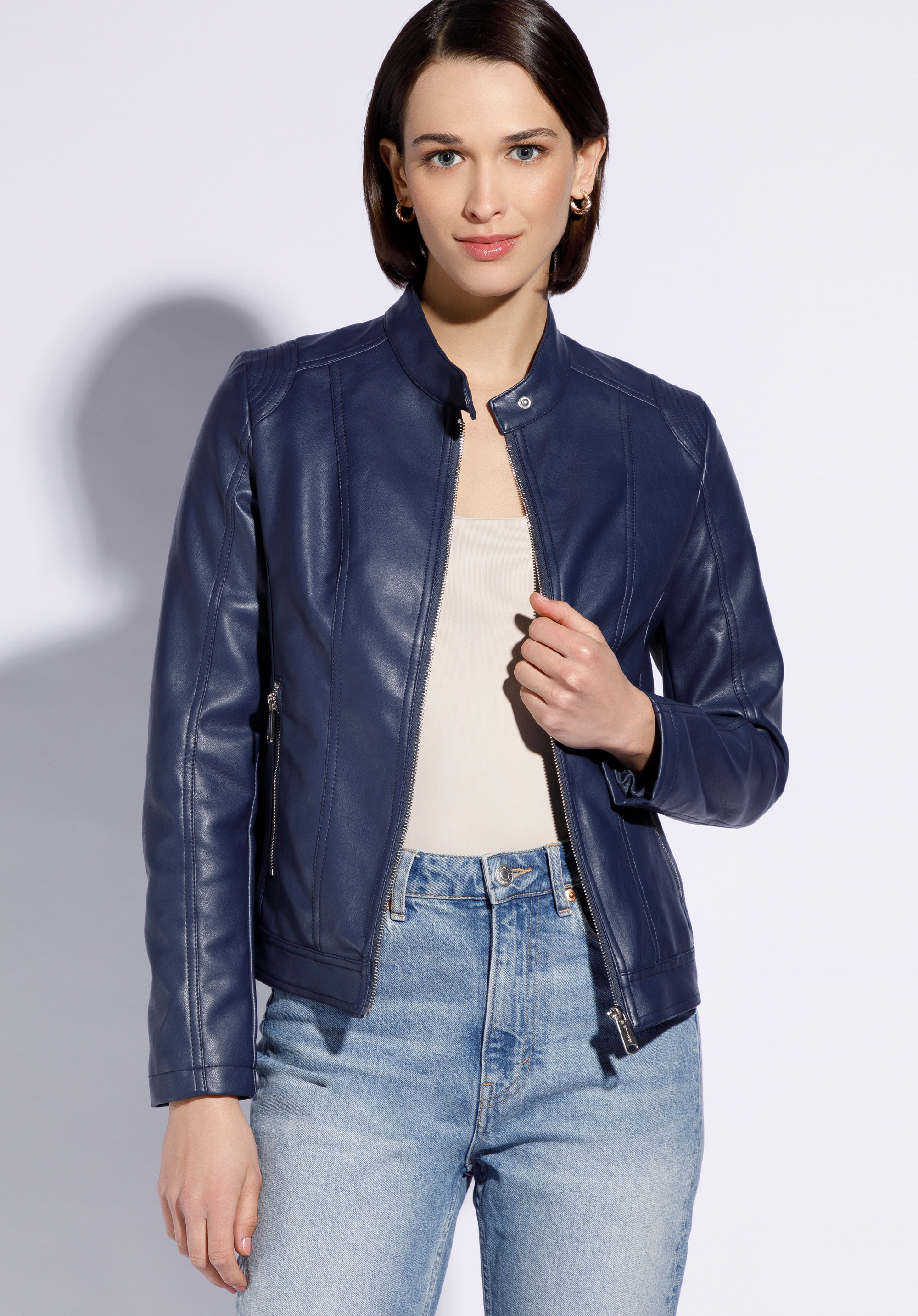 Geacă de piele ecologică pentru femei cu guler drept, bleumarin, 96-9P-108-N-XL, Fotografie 1