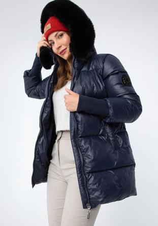 Jachetă de nailon matlasată pentru femei cu glugă, bleumarin, 97-9D-404-N-XL, Fotografie 1