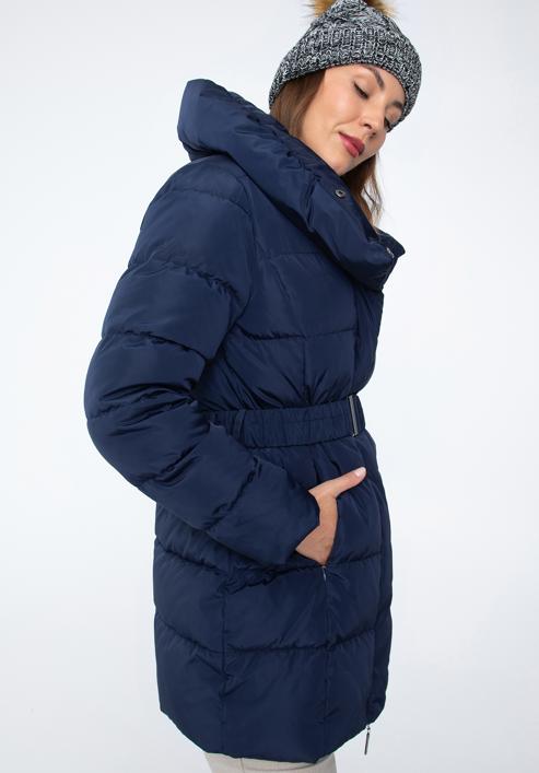 Jachetă în puf pentru femei cu curea și guler înalt, bleumarin, 97-9D-400-N-2XL, Fotografie 3