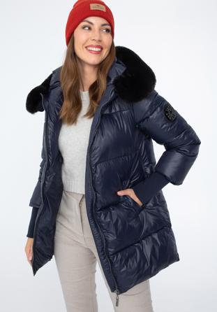 Jachetă de nailon matlasată pentru femei cu glugă, bleumarin, 97-9D-404-N-XL, Fotografie 1