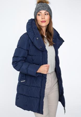 Jachetă în puf pentru femei cu curea și guler înalt, bleumarin, 97-9D-400-N-S, Fotografie 1