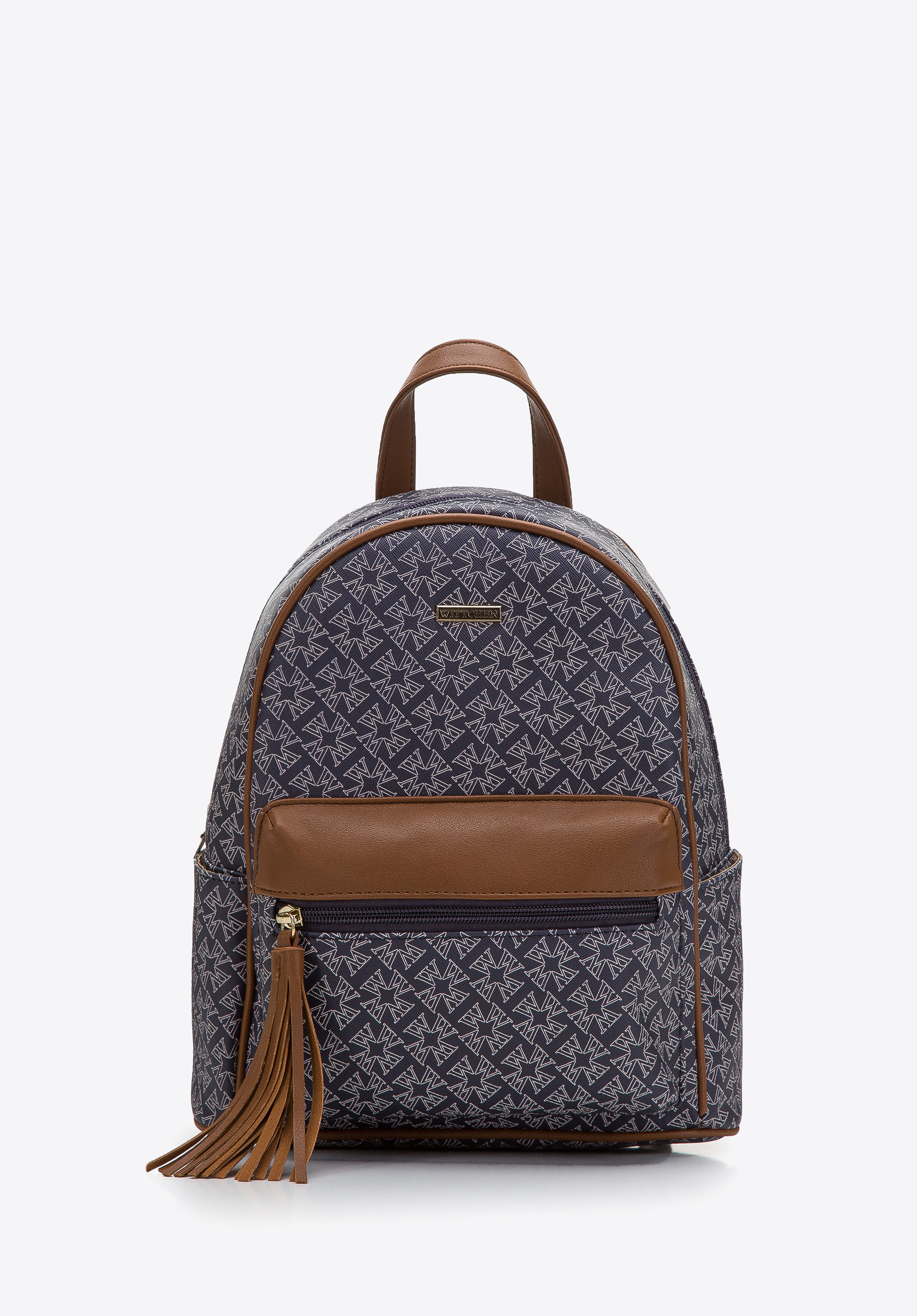 Rucsac cu monogramă din piele artificială pentru femei, bleumarin - maro, 97-4Y-237-7, Fotografie 1