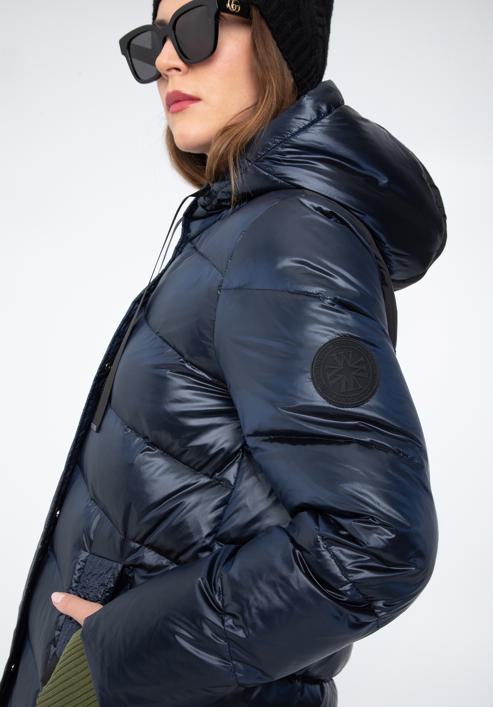 Palton maxi de damă cu glugă, bleumarin - negru, 97-9D-406-N-S, Fotografie 4