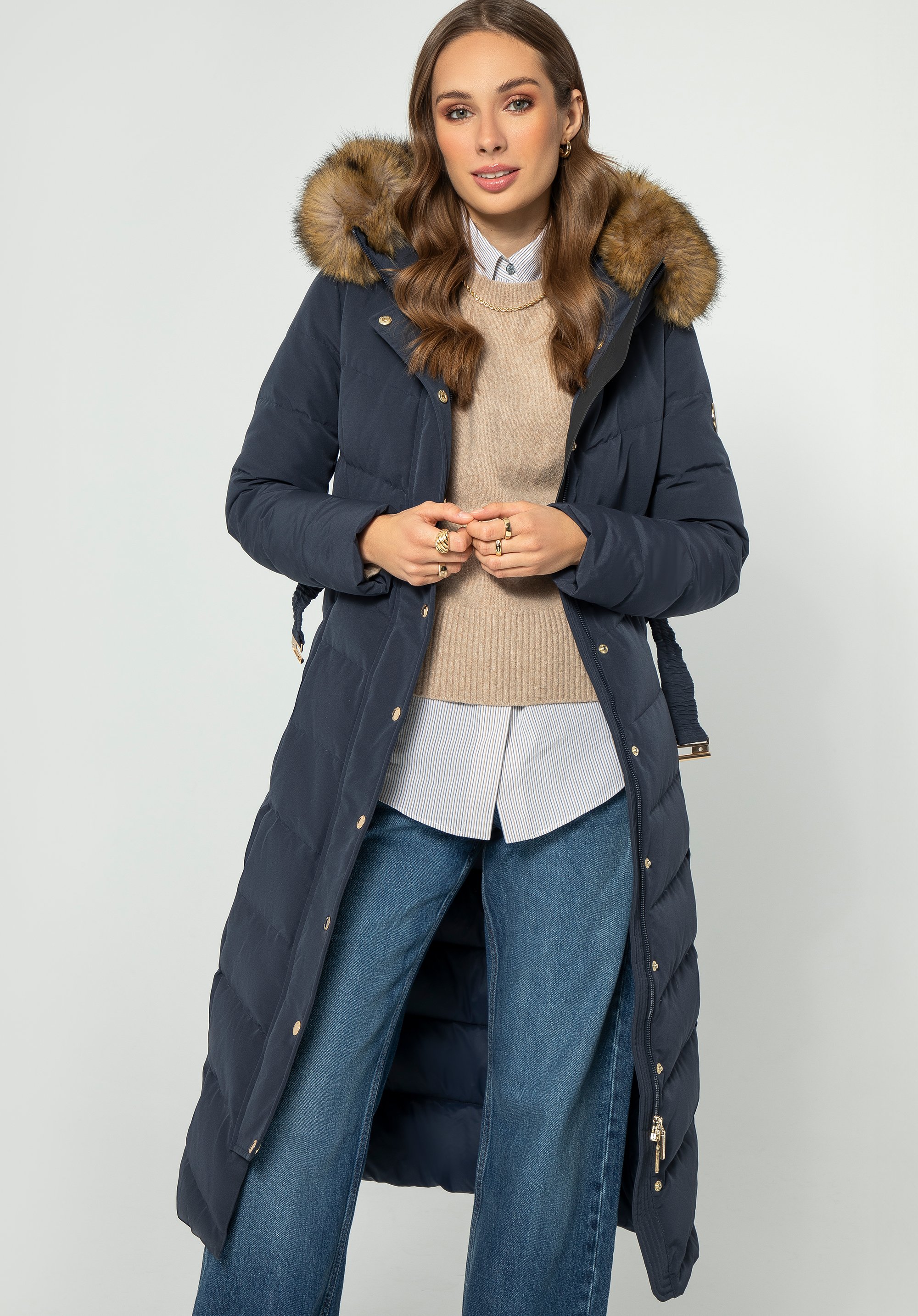 Palton de damă cu glugă din blană, bleumarin, 99-9D-201-N-M, Fotografie 1